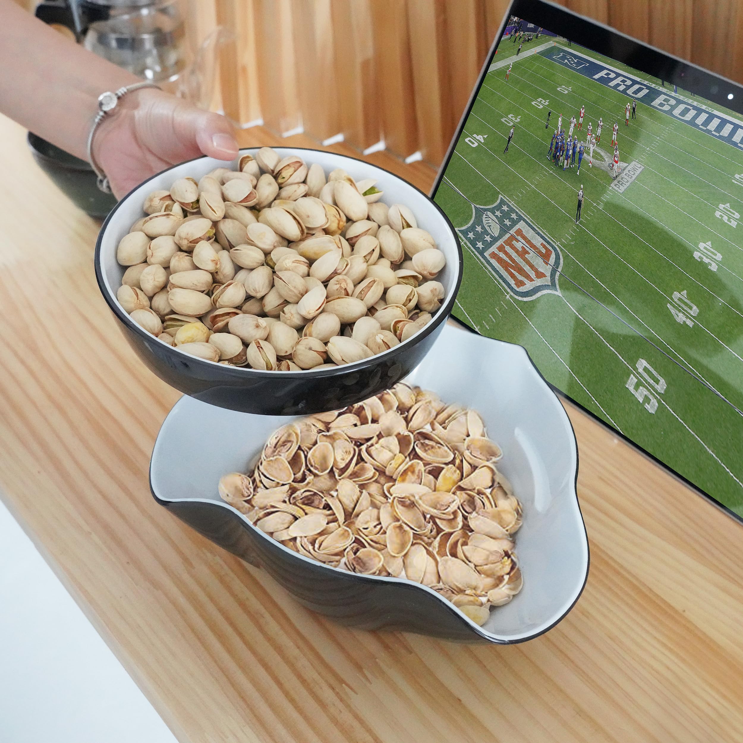 Premium Pistachio Bowl - Double Dish Nut & Snack Serving Bowl with Shell Storage - Perfect for Pistachios, Peanuts, Popcorn, Fruits & Candy - Ideal for Parties, Movie Nights & Family Snack Time - Black & White Design