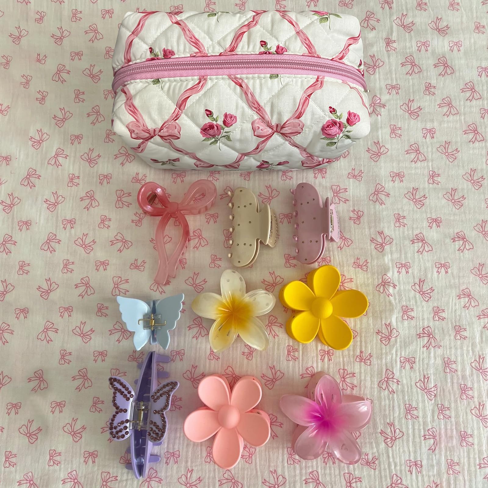 Quilted Small Makeup Bag with Pink Ribbons - Coquette Cosmetic Pouch & Travel Toiletry Organizer for Women & Girls | Perfect for Daily Use, Travel, and Gift Giving