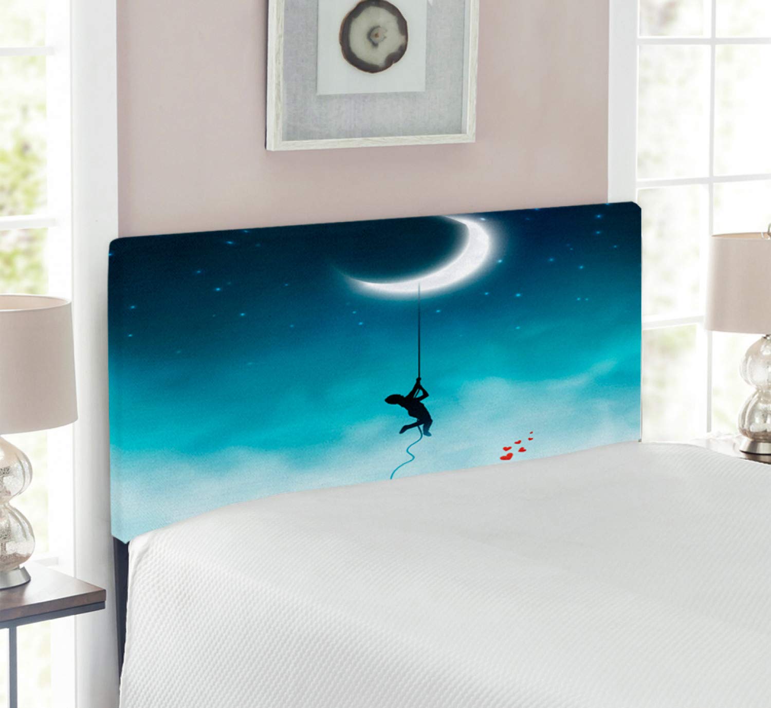 Ambesonne Fantasy Twin Size Upholstered Headboard - Boy Climbing to Moon & Girl on Bench Romantic Art - Teal & White Decorative Metal Bed Headboard with Memory Foam - Perfect for Kids' Bedrooms, Guest Rooms & Fantasy Themed Decor