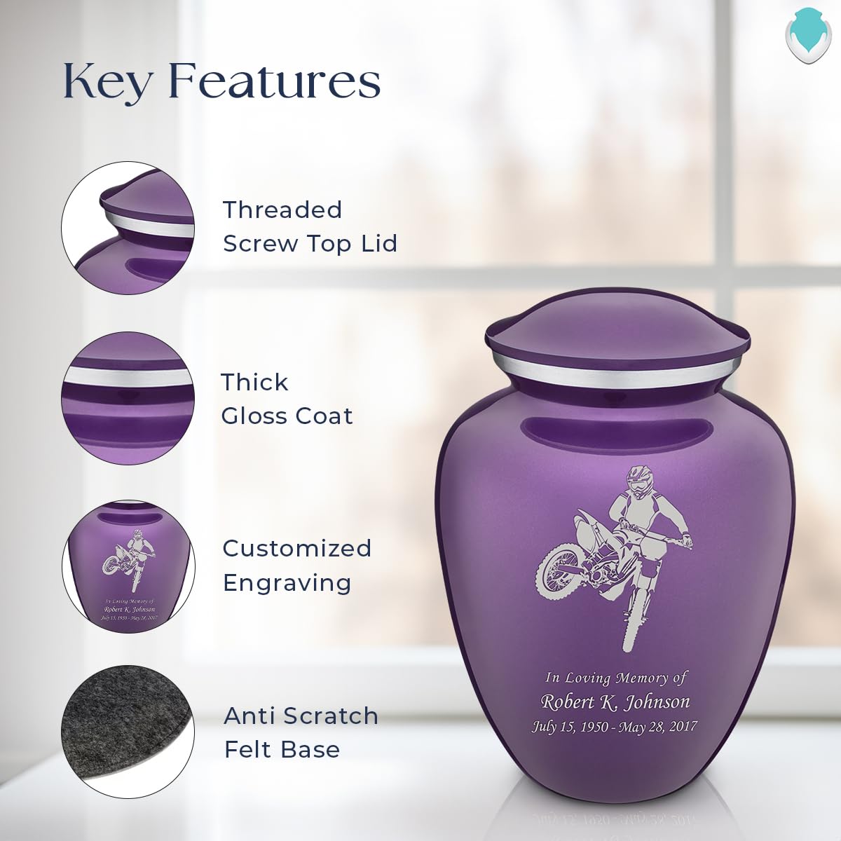 Personalized Dirtbike Cremation Urn for Ashes - Large Purple Funeral Urn for Men & Women with Double-Sided Engraving (Holds 200 lbs) - Memorial Keepsake for Motorcycle Lovers & Outdoor Enthusiasts