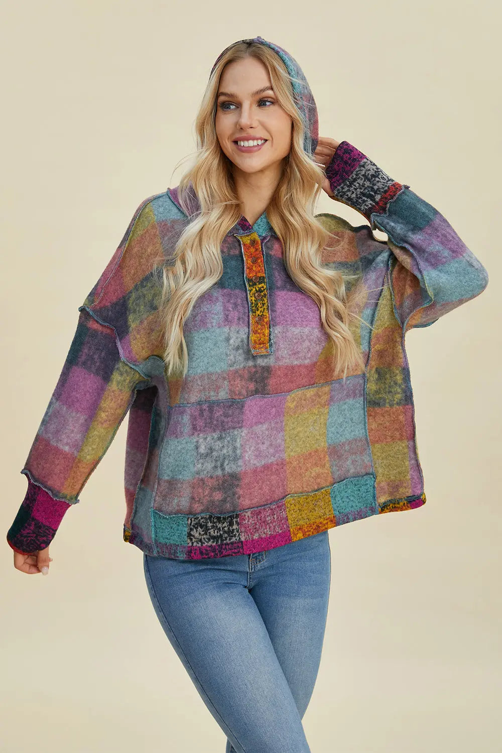 Double Take Full Size Plaid Dropped Shoulder Hoodie - Cozy Oversized Sweatshirt for Men & Women - Perfect for Casual Wear, Loungewear, and Outdoor Activities