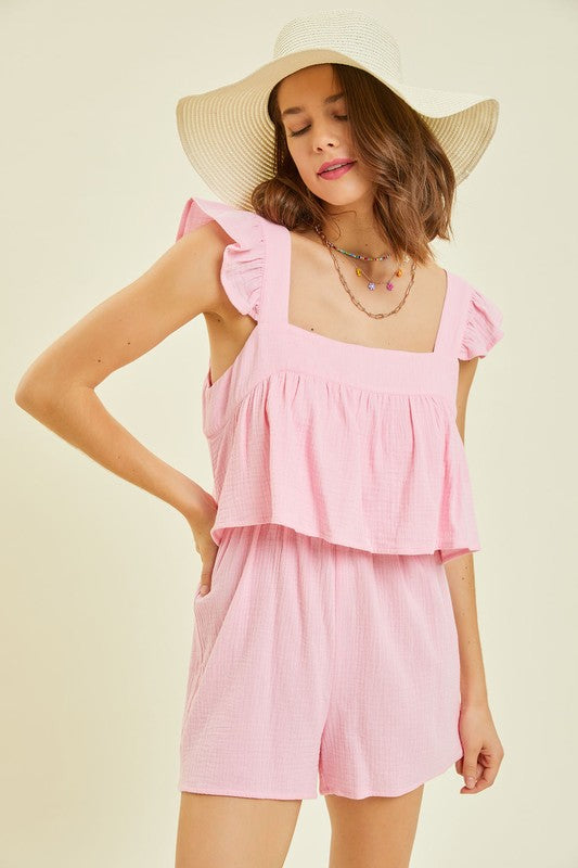 Pink Square Neck Gauze Romper with Mini Ruffle Shoulder Detail - Perfect for Summer Outfits, Beach Vacations & Boho Fashion