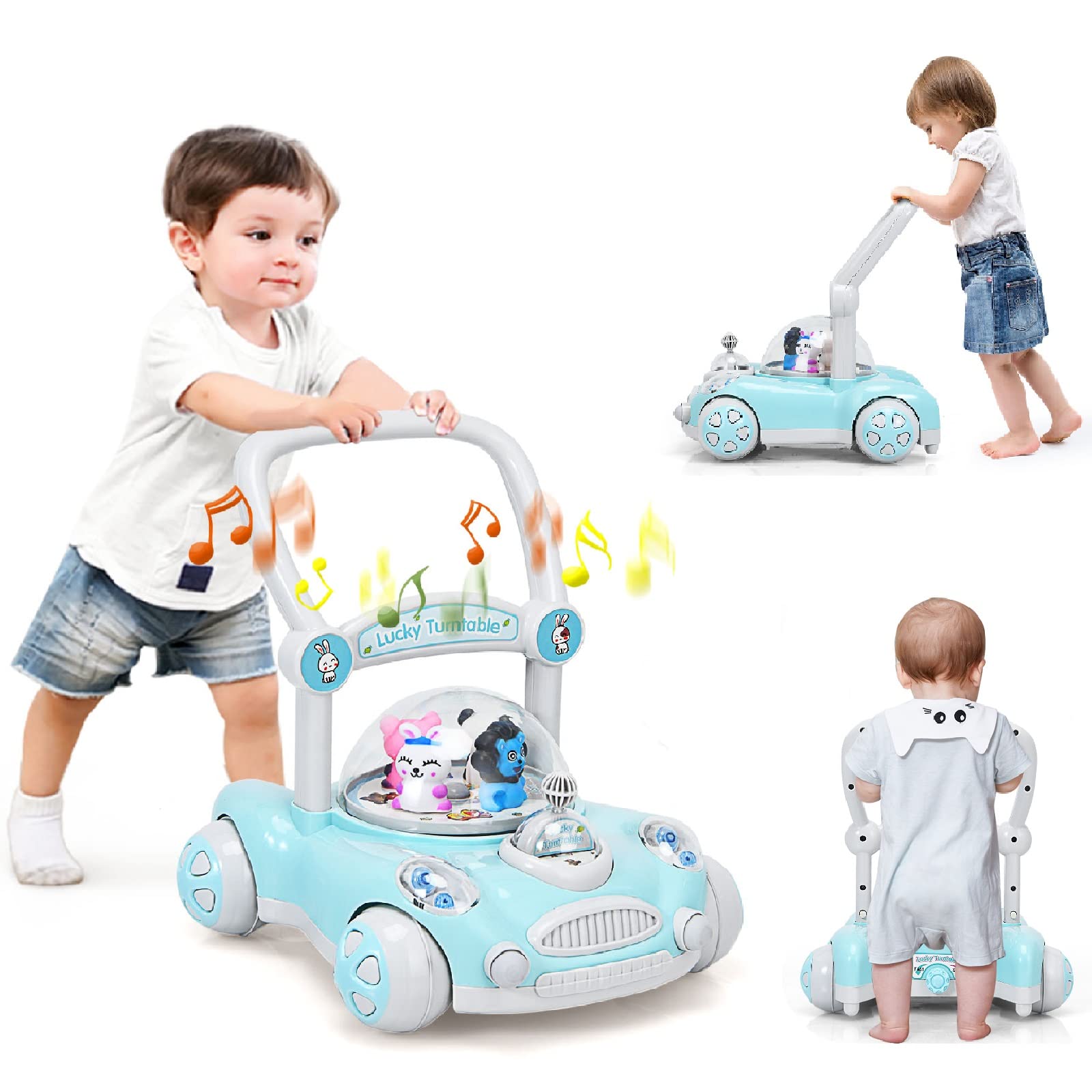 INFANS 3-in-1 Baby Walker & Bouncer - Adjustable Height Learning Walker with Music, High Back Padded Seat & Detachable Trampoline Mat - Interactive Activity Walker with Toys (Blue) - Perfect for Toddler Development & Indoor Playtime