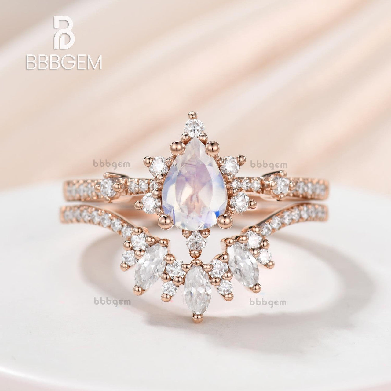14K/18K Gold Pear Shaped Moonstone Diamond Art Deco Engagement Ring Set - Vintage Inspired Wedding Jewelry for Brides, Anniversary Gifts & Special Occasions