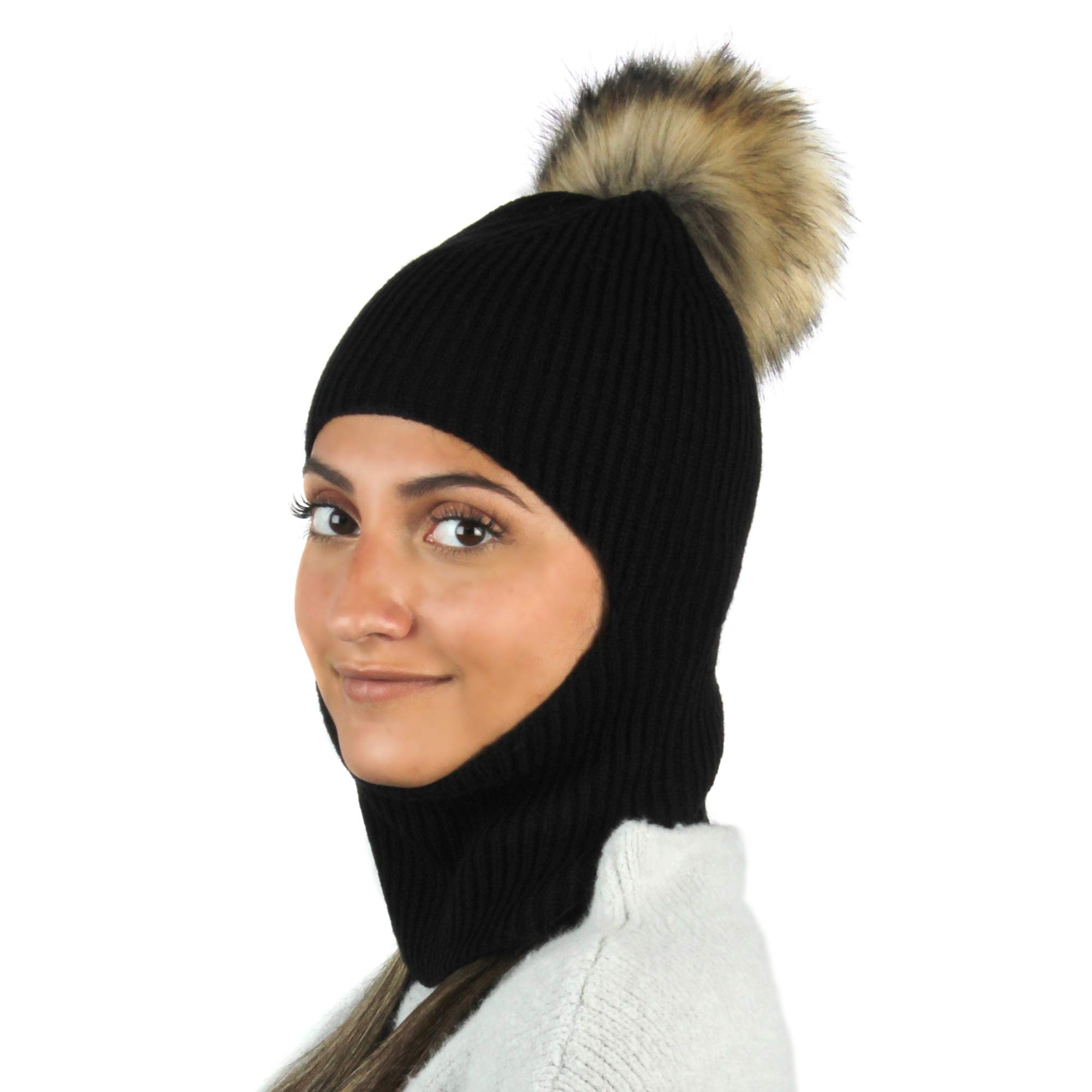 David & Young - One Hole Knit Beanie with Faux Fur Pom - Winter Ski Mask, Face Cover & Neck Warmer for Skiing, Snowboarding & Outdoor Activities