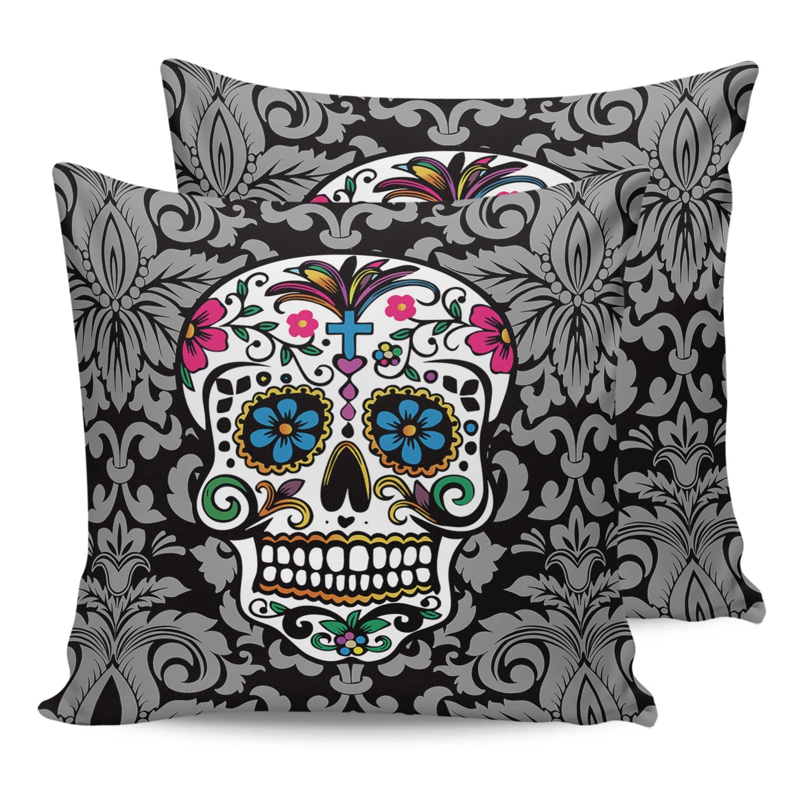 18x18 Inch Decorative Throw Pillow Covers Set of 2 - Sugar Skull Vintage Floral Design Square Cushion Covers for Sofa, Couch, Bedroom & Home Decor | Perfect for Living Room, Dorm & Gift