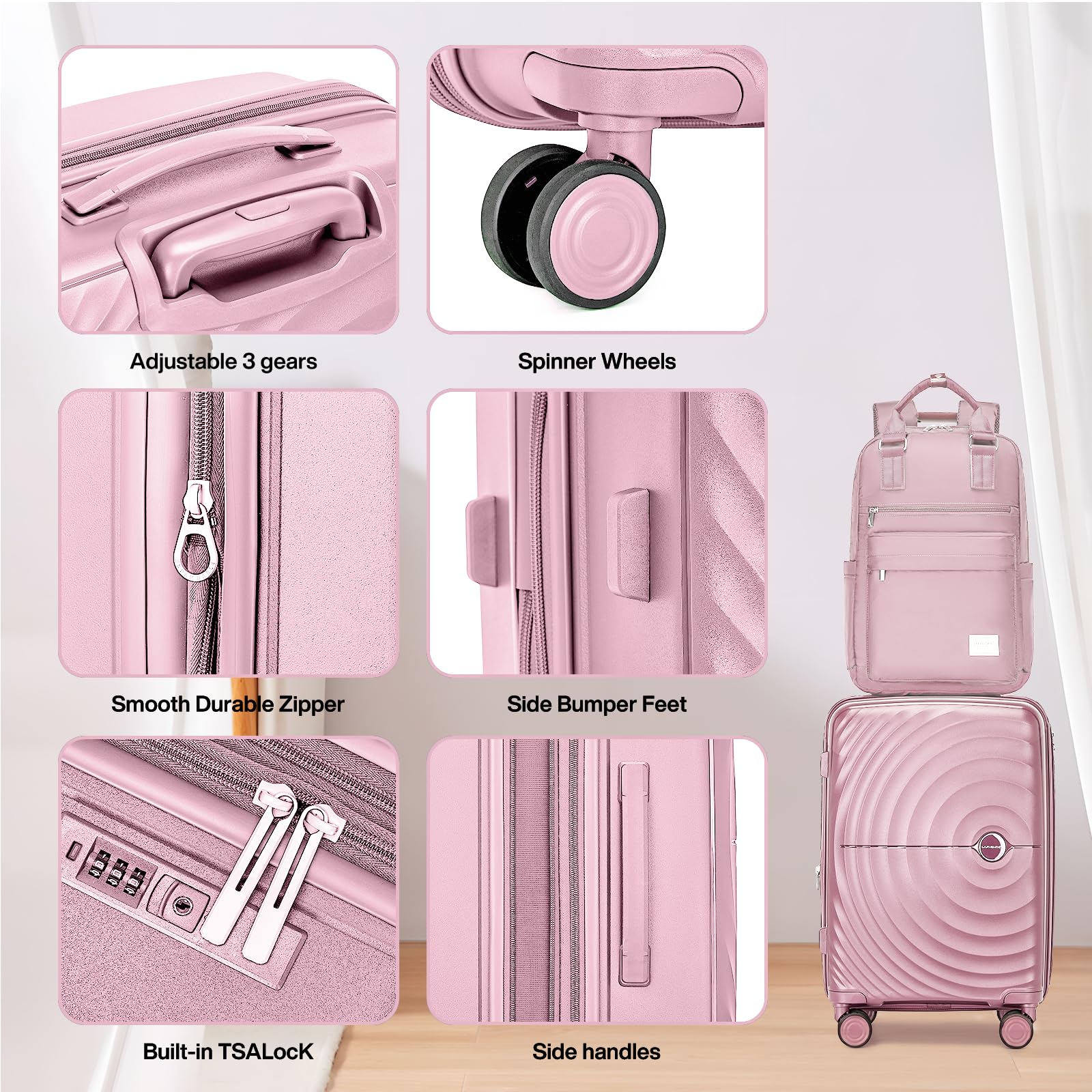 3-Piece Lavender Hardshell Luggage Set - 20in Carry On Suitcase with Expandable PP Shell, 360° Spinner Wheels & Travel Backpack - Light Pink for Men & Women - Perfect for Air Travel, Business Trips & Family Vacations