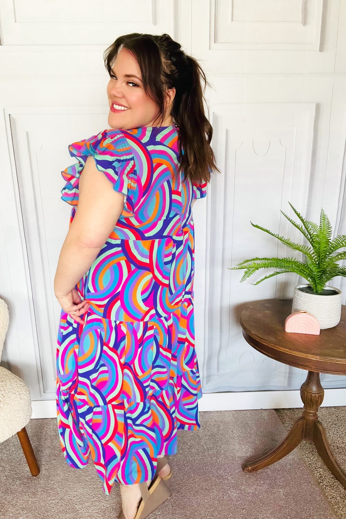 Stylish Purple Abstract Print Smocked Ruffle Sleeve Maxi Dress for Women | Flowy Bohemian Summer Beach Dress | Perfect for Vacations, Weddings & Date Nights