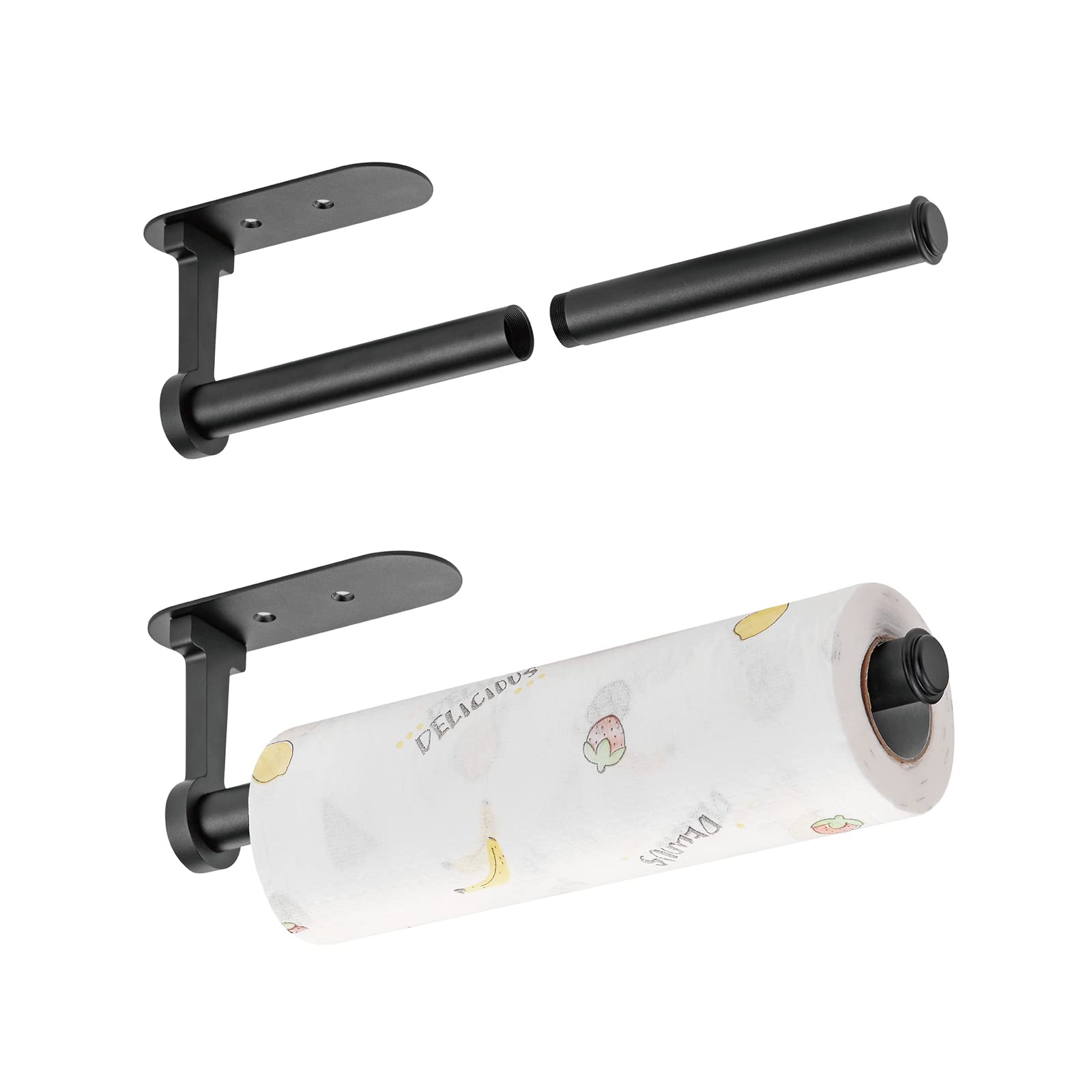 2 Pack Under Cabinet Paper Towel Holder - Wall Mount Adhesive Kitchen & Bathroom Towel Rack - Space Saving Black Paper Towel Dispenser for Countertops, RVs, Dorm Rooms & Small Spaces