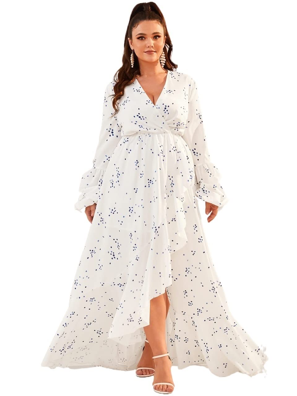 INOUJEKER Women's Plus Size Floral Print Wrap Dress with Flounce Sleeves - White X-Large | Casual Summer Dress for Beach, Party & Office Wear