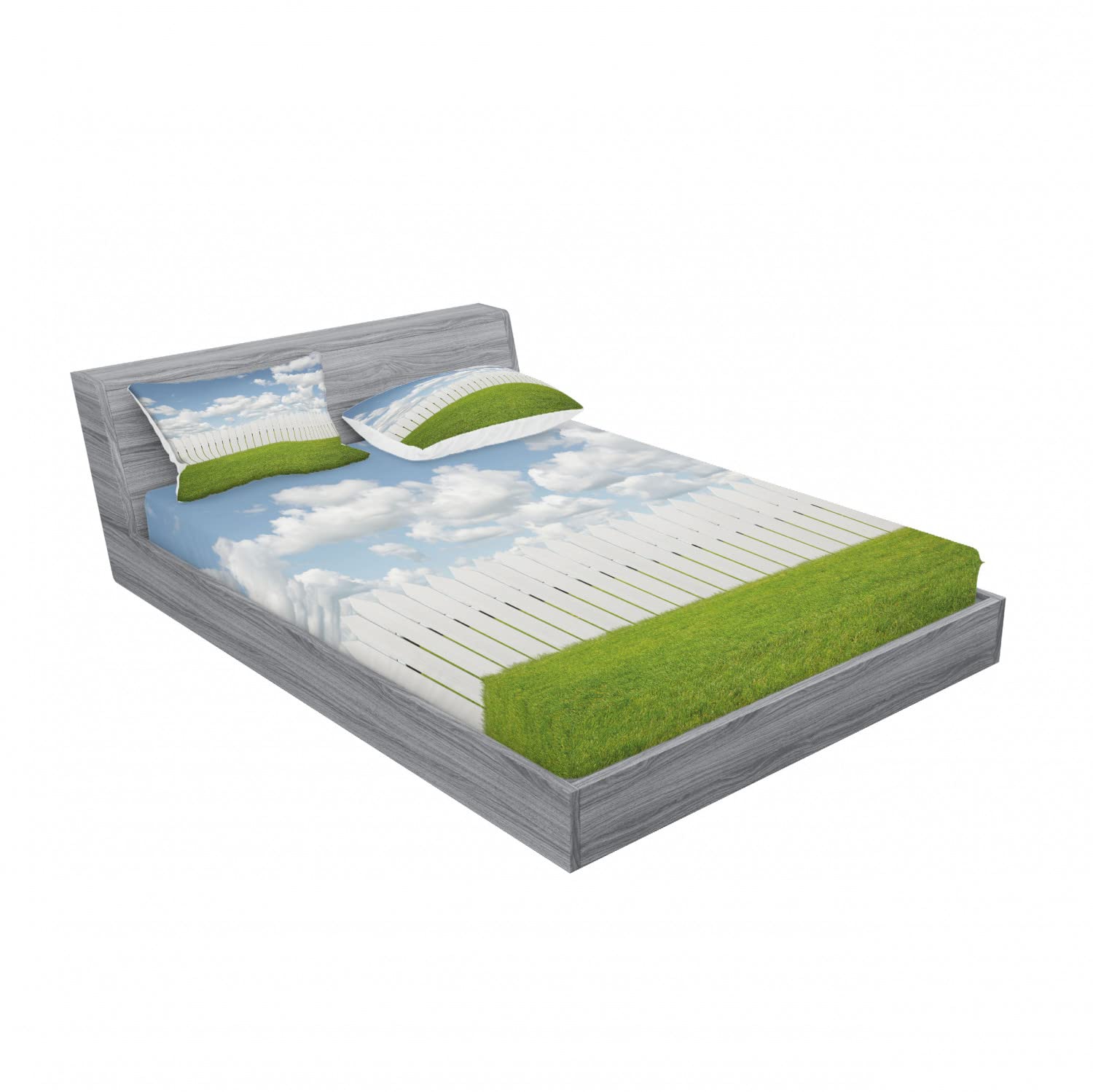 Ambesonne 2-Piece Queen Size Fitted Sheet Set with 4 Pillow Shams - Sky Cloud Farm Pattern Green White Bedding Decor for Cozy Bedroom & Guest Room