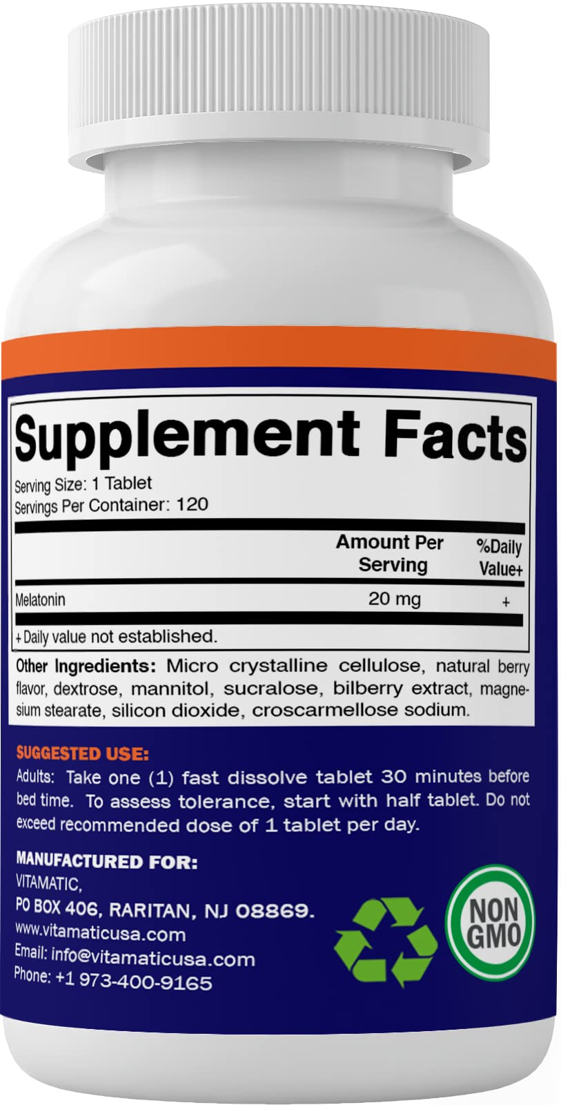 Vitamatic Melatonin 20 mg Tablets - Vegetarian, Non-GMO, Gluten Free Sleep Aid | High Potency 20 MG with Natural Berry Flavor | 120 Count (12 Pack) for Wholesale | Supports Restful Sleep, Jet Lag Relief & Night Shift Workers
