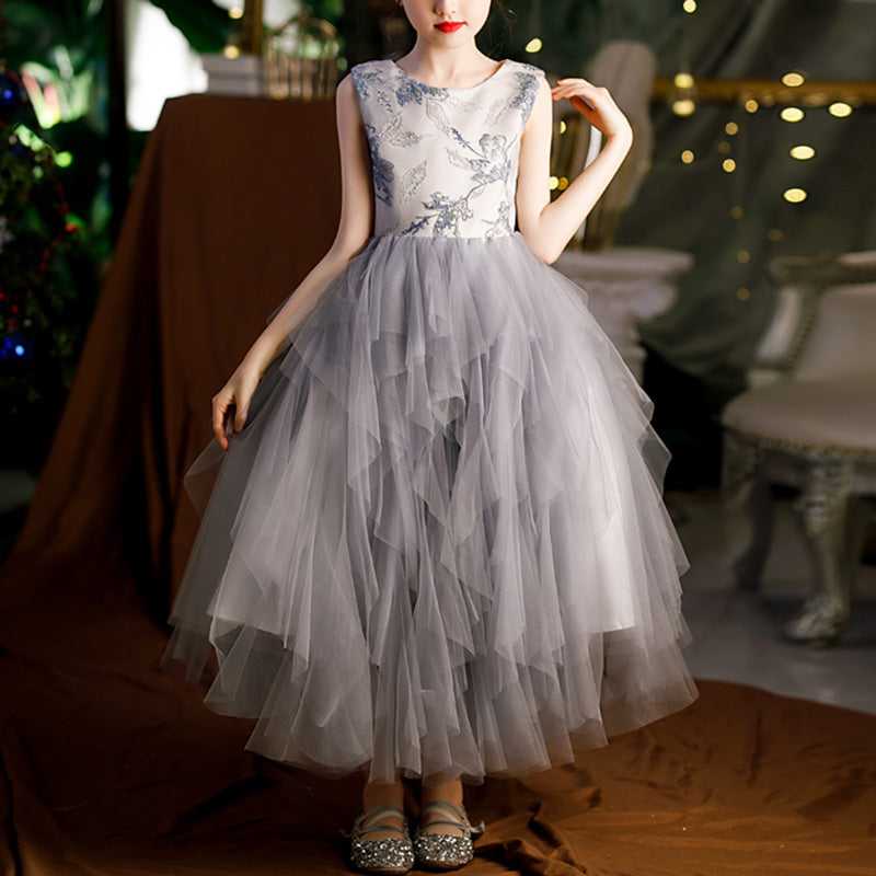 Elegant Dusty Blue A-Line Floor-Length Flower Girl Dress with Delicate Embroidery - Perfect for Weddings, Baptisms & Special Occasions