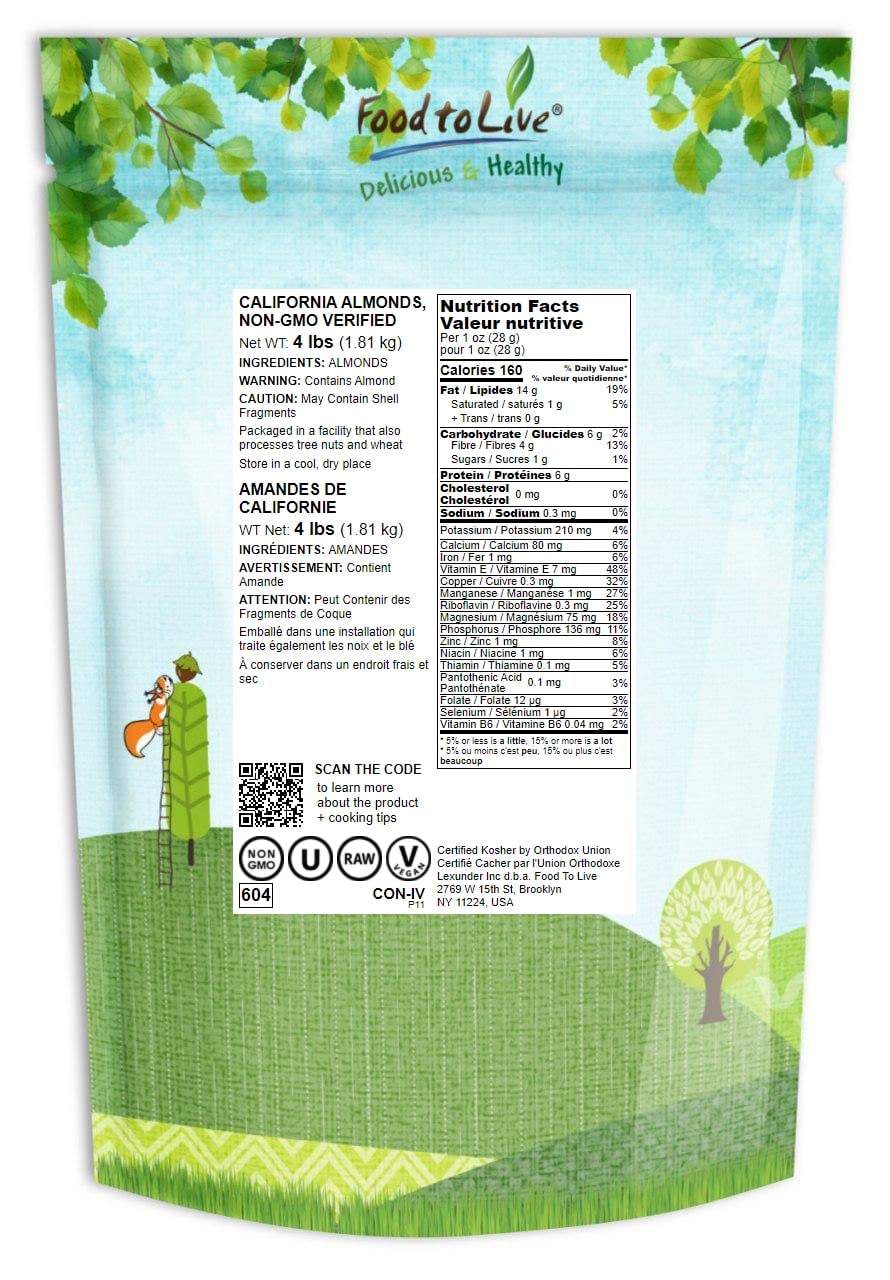 Food to Live - California Almonds, 4 Pounds - Supreme Quality Whole Raw Unsalted Unroasted Nuts | Kosher Vegan Snack | Perfect for Baking, Snacking & Healthy Recipes