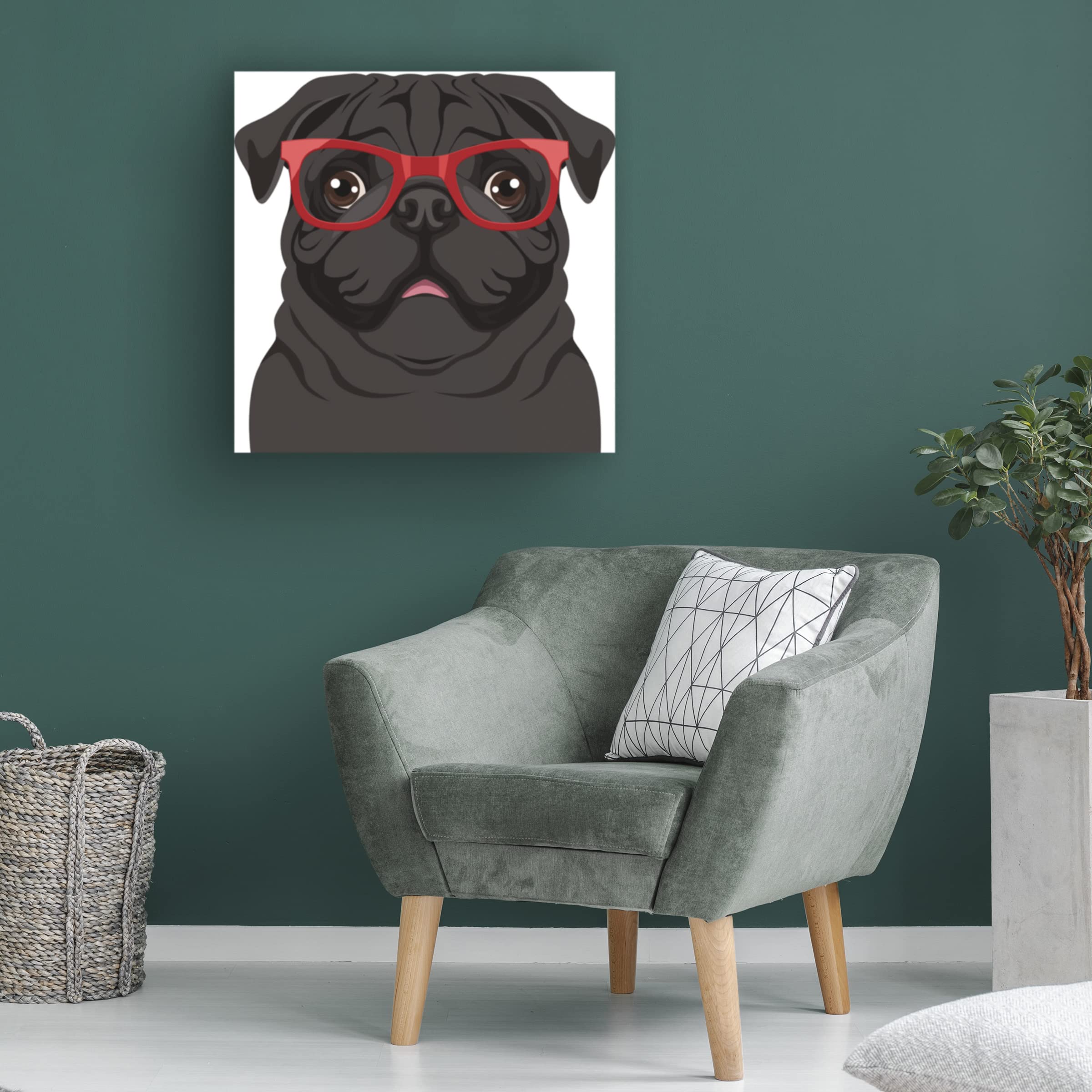 Pug Wearing Hipster Glasses Canvas Art Print - Funny Dog Wall Decor for Living Room, Bedroom & Office - 5-Panel Modern Home Decor by Trademark Fine Art