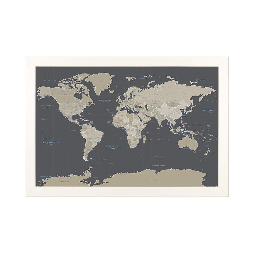 Custom Push Pin Travel Map - Handcrafted Framed World Map Wall Art with 150 Pins - Earth Tone & Textured White Design - 27.5