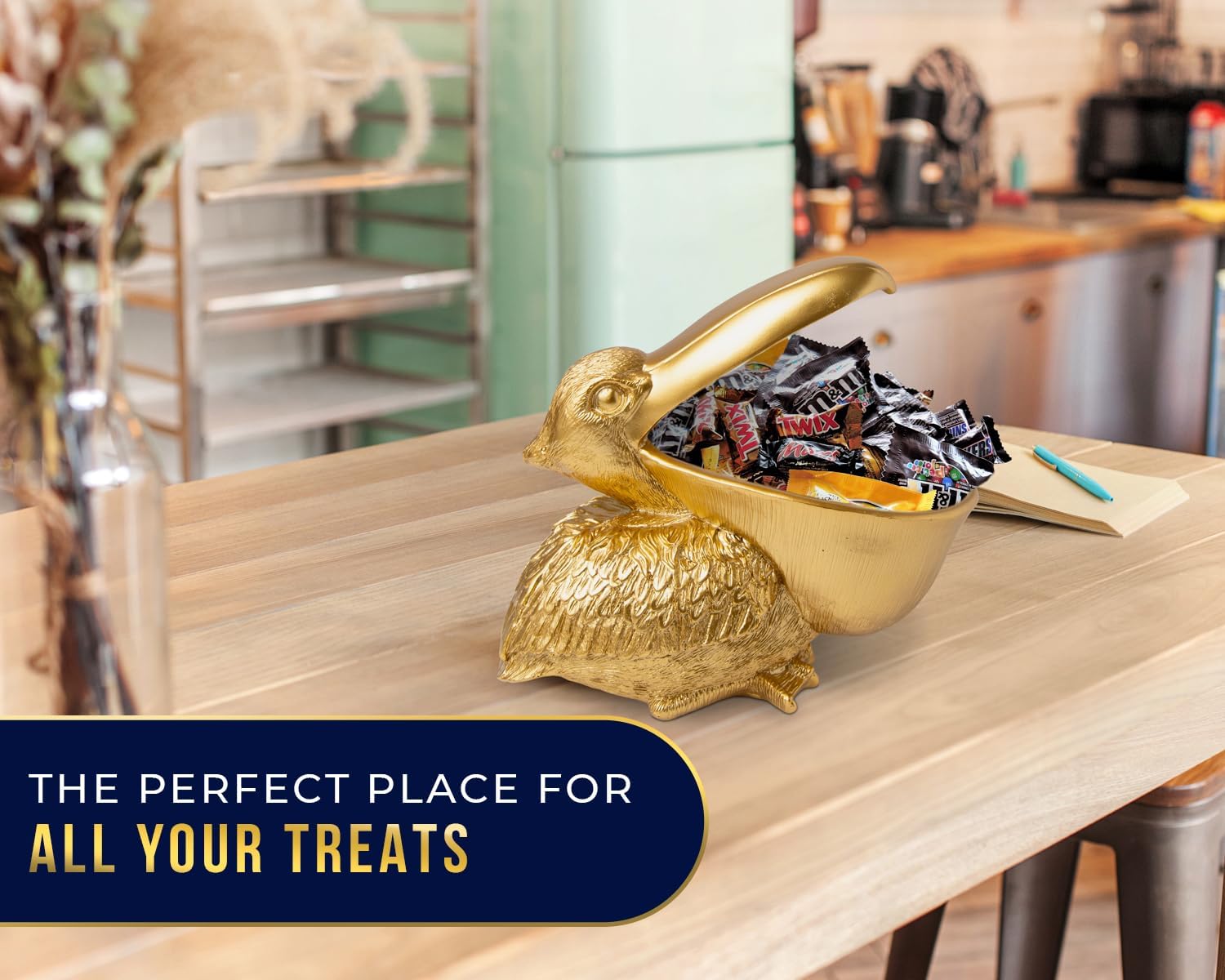 Golden Pelican Decorative Bowl - Elegant Pelican Sculpture with Open Bowl Design for Snacks, Candies, Jewelry & Home Decor - Premium Golden Finish Accent Piece - Perfect for Living Room, Dining Table & Gift Giving