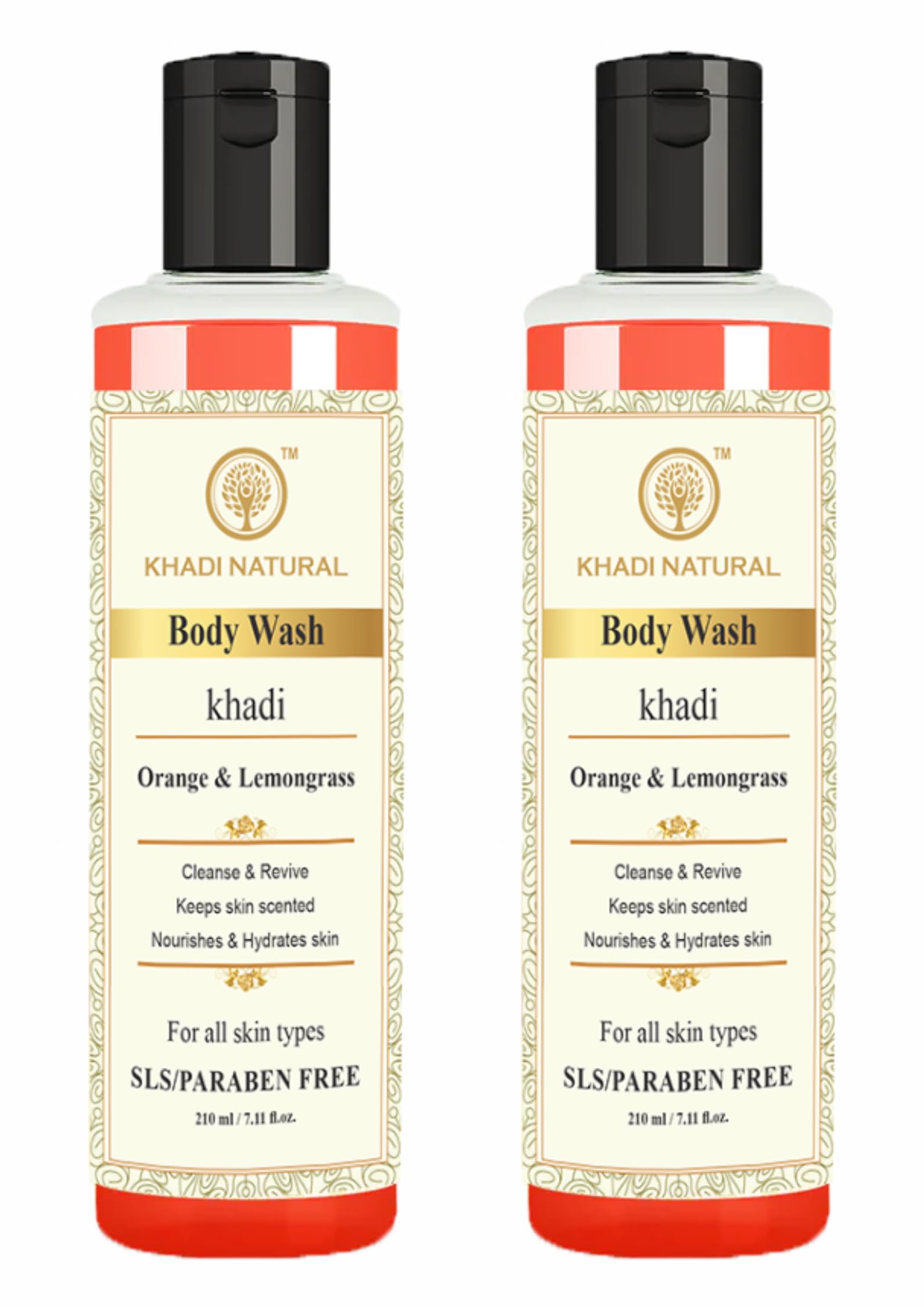 Khadi Natural Herbal Orange & Lemongrass Body Wash - Deep Cleansing & Revitalizing Shower Gel for All Skin Types | Regulates Oil, Prevents Blemishes | 210ml Twin Pack | Perfect for Daily Shower & Spa Relaxation