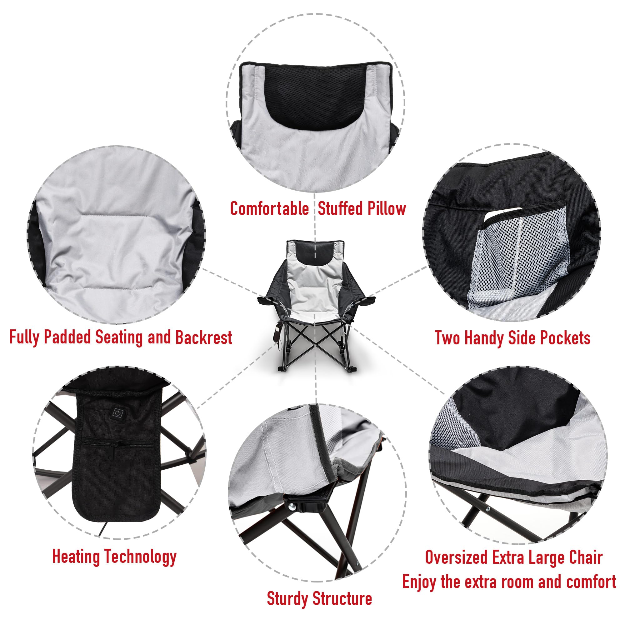 **SUNNYFEEL Heated Rocking Camping Chair - 500lbs Heavy Duty Folding Chair with Back & Seat Heating for Outdoor Sports, Patio, and Winter Camping - Fully Padded Portable Heated Rocker for Adults**    *(Perfect for camping, fishing, tailgating, backyard relaxation, and cold-weather outdoor activities!)*