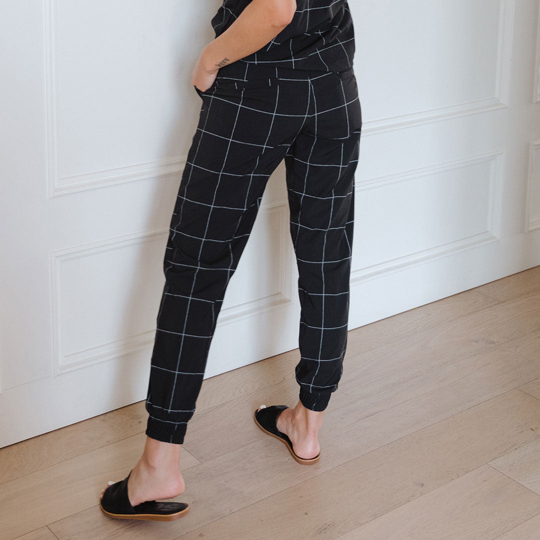 Destination Joggers for Men - Stylish Black Windowpane Pattern Lounge Pants - Perfect for Home Relaxation, Casual Outings & Travel