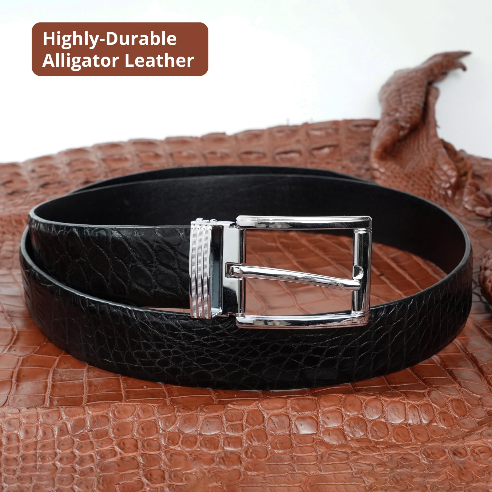 Premium Alligator Leather Belt for Men - Genuine Crocodile Skin with Automatic Ratchet Buckle - Handcrafted Luxury Accessory for Golf, Business & Formal Occasions