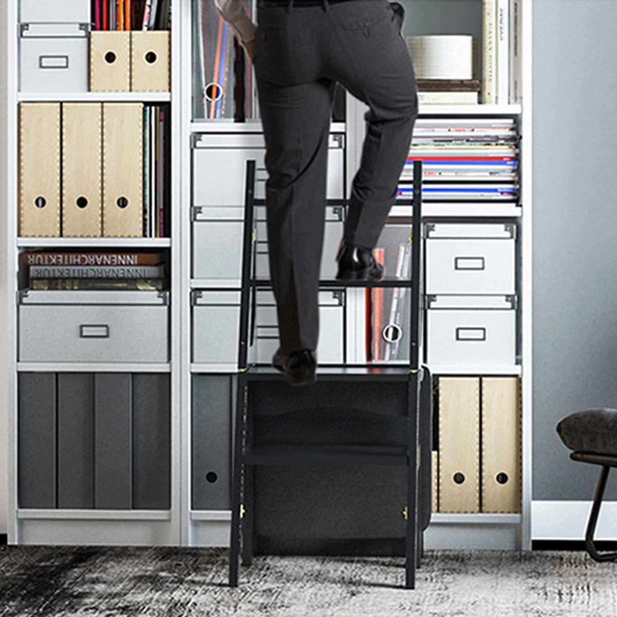 FADUNI 4-Step Foldable Step Stool for Home, Kitchen, Office - Creative Transformable Ladder Stool with Non-Slip Feet, Space Saving Design, Indoor Use (Library, Shelves, Cabinets)