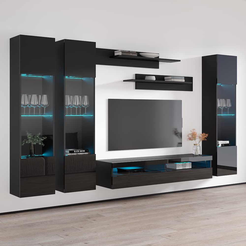 Modern Floating TV Stand with Storage & LED Lights - Wall-Mounted Entertainment Center for Bedroom & Living Room - Black TV Console with Shelves - Perfect for Small Spaces & Home Theater Setup