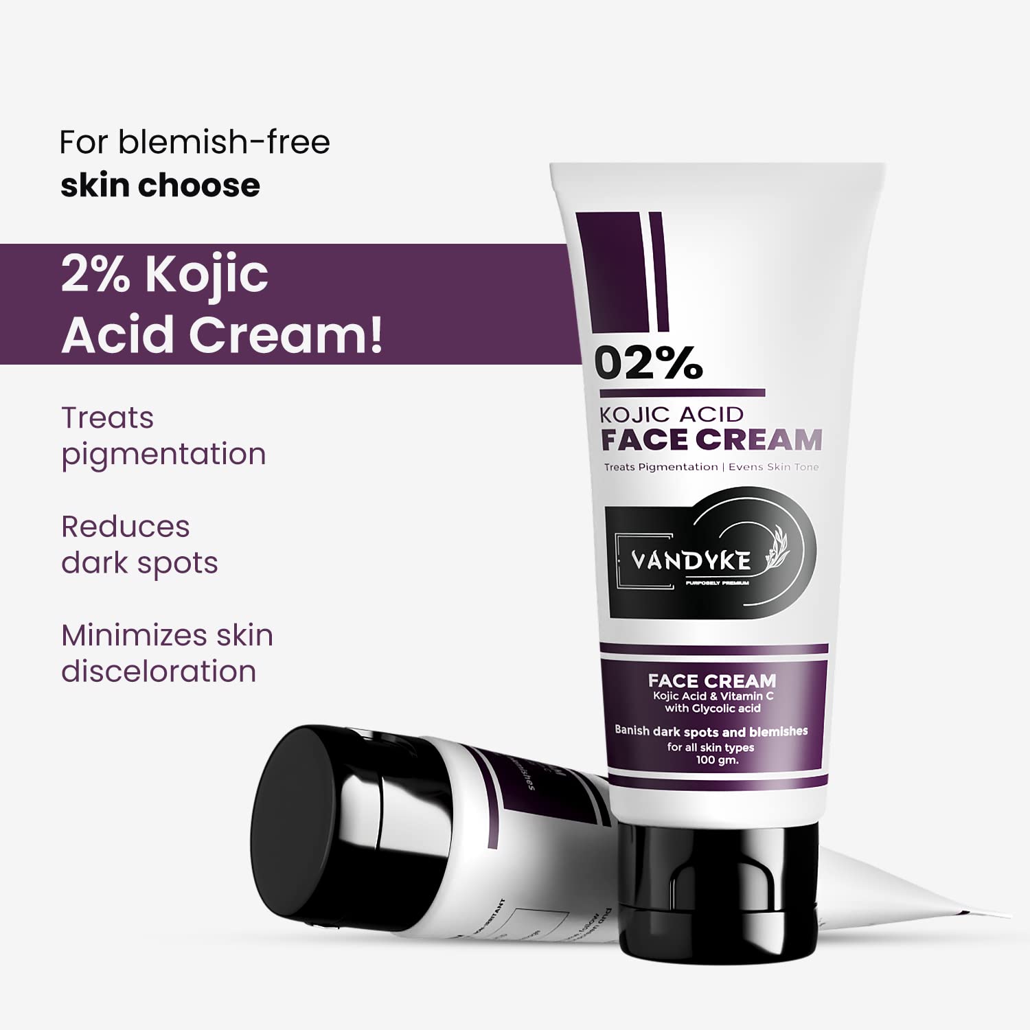 Vandyke 2% Kojic Acid Face Cream for Dark Spots & Hyperpigmentation - Brightening Skin Treatment for Even Tone (100g) | Daily Use for Acne Scars, Sun Damage & Age Spots