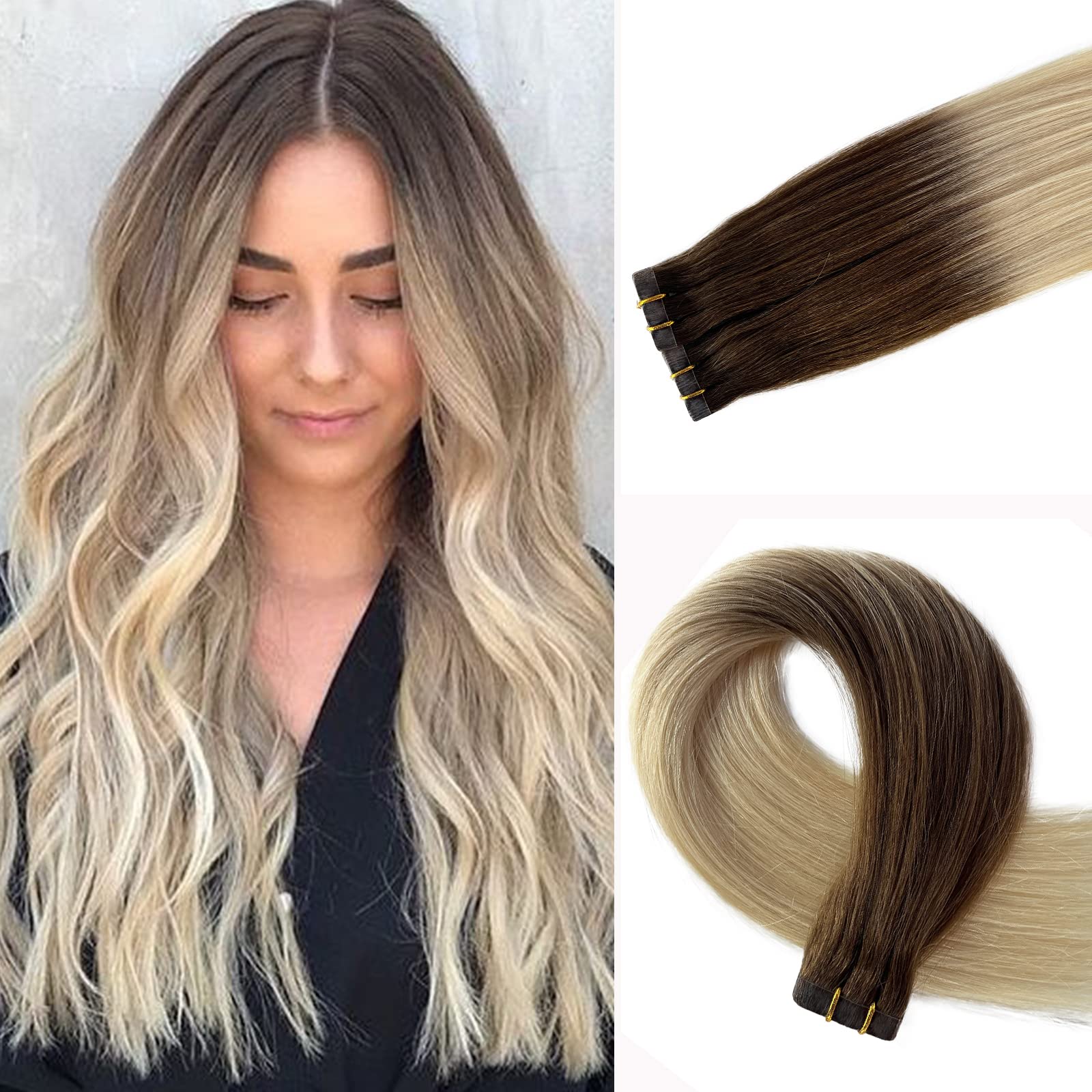 Ombre Blonde Tape-In Hair Extensions 14inch Human Hair - 20pcs (30g/Pack) Ash Brown to Platinum Blonde | Seamless & Invisible for Women | Perfect for Parties, Weddings & Daily Styling