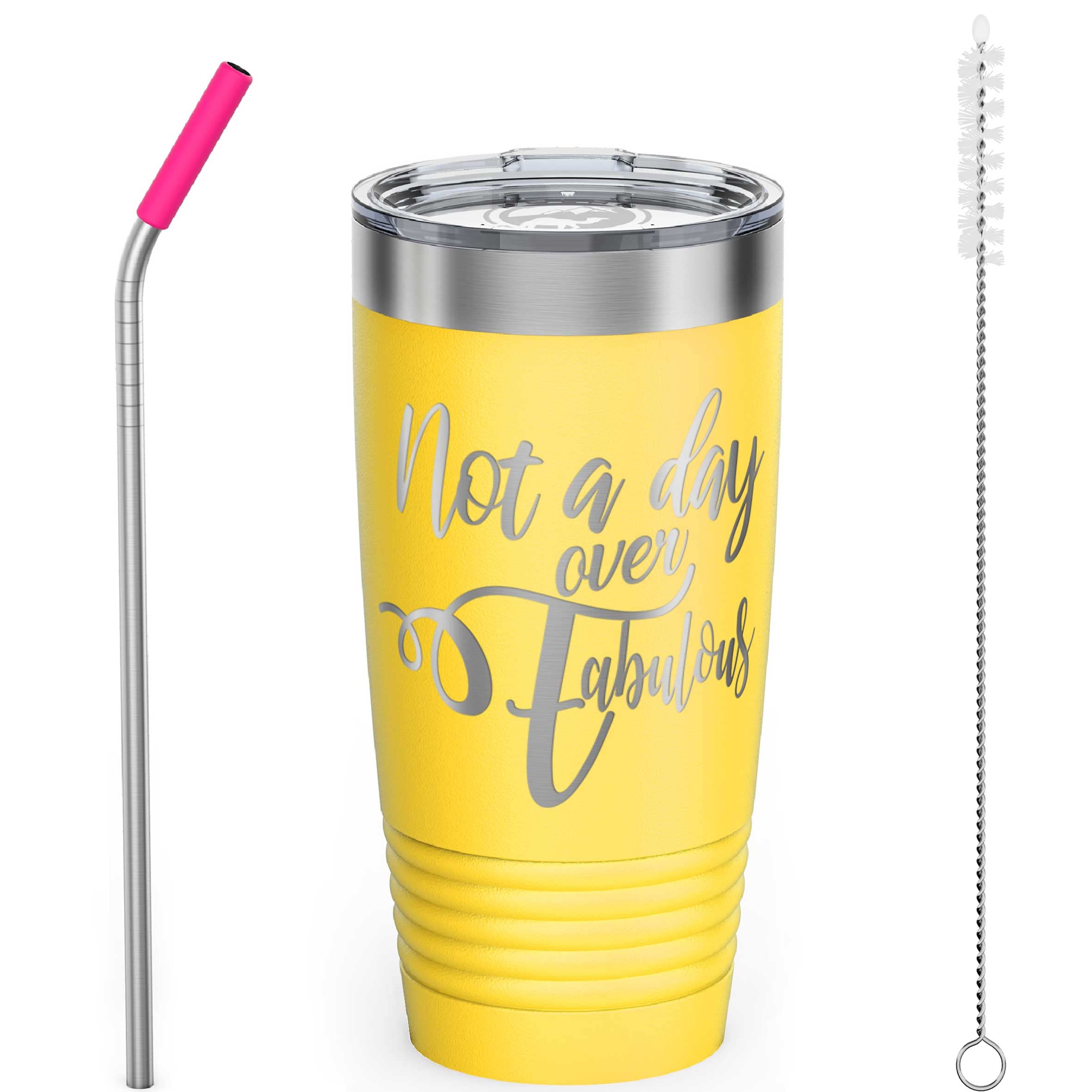 Not a Day Over Fabulous - 20oz Stainless Steel Vacuum Insulated Tumbler with Lid & Straw | Leakproof Coffee Mug for Women | Perfect Gift for Mom, Sister, Aunt, Grandma | Mother's Day, Birthday, Anniversary Gift (Yellow) | Great for Office, Travel, Gym & Daily Use