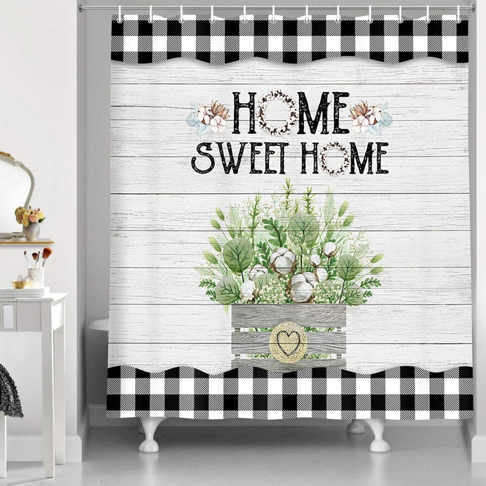 NYMB Rustic Farmhouse Shower Curtain - Modern Floral Green Eucalyptus Leaves on Black & White Buffalo Plaid Checkered Bathroom Curtain - Vintage Country Gray Wooden Fabric Shower Liner (36x72 inches) - Perfect for Farmhouse, Cottage & Vintage Style Bathrooms