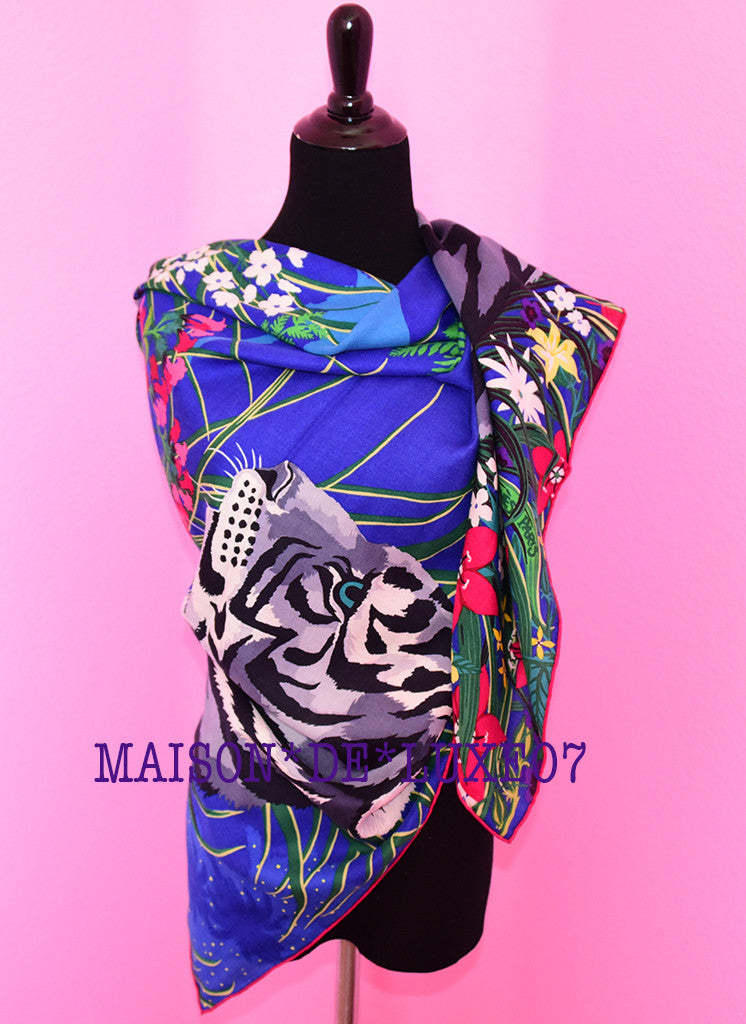 Hermes Cashmere 140 GM Tyger Tyger Blue Fuchsia Shawl Scarf - Luxury Winter Wrap for Women, Fashionable Accessory for Parties & Special Occasions