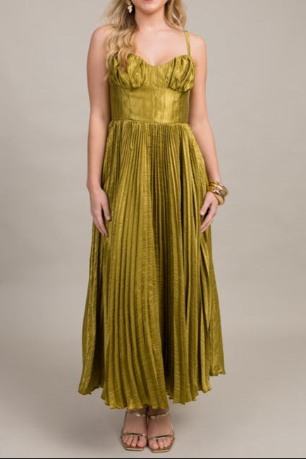 Elegant Chartreuse Satin Pleated Midi Dress for Women - Perfect for Cocktail Parties, Weddings & Special Occasions