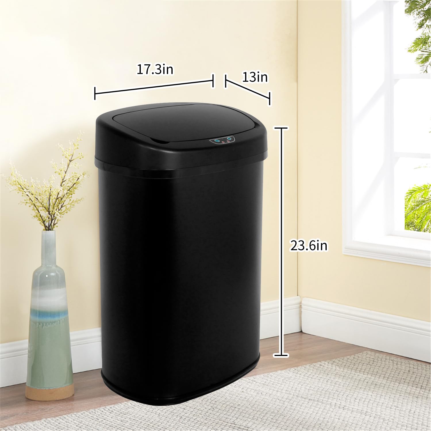 BLKMTY 13-Gallon Stainless Steel Automatic Trash Can with Motion Sensor - 50L Touch-Free Garbage Bin with Lid for Kitchen, Office & Bathroom - Sleek Black Metal Waste Bin for Hands-Free Disposal & Hygiene