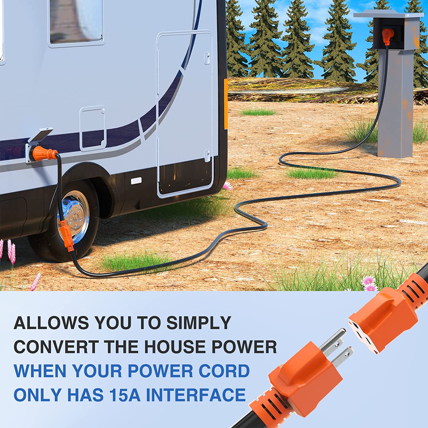 15AMP to 50AMP RV Locking Adapter Cord - Heavy Duty Power Converter for Campers & RVs - Safe Outdoor Electrical Connection for Camping, Tailgating & Road Trips