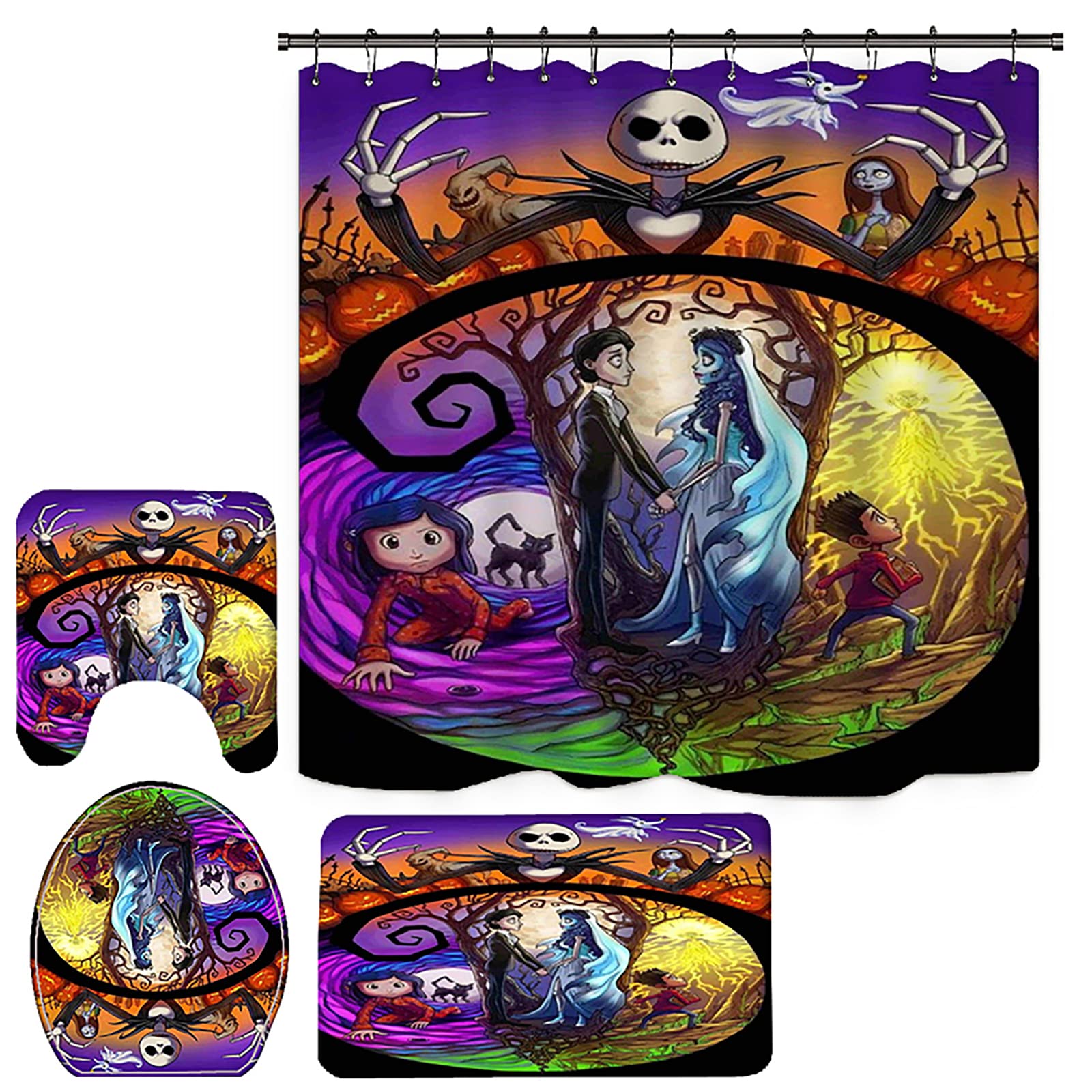NEWSUYAA Halloween Shower Curtain Set with Non-Slip Bath Rugs & 12 Hooks - Waterproof Bathtub Decor for Spooky Bathroom Makeover | Perfect for Halloween Party Decorations & Themed Bathroom Accessories