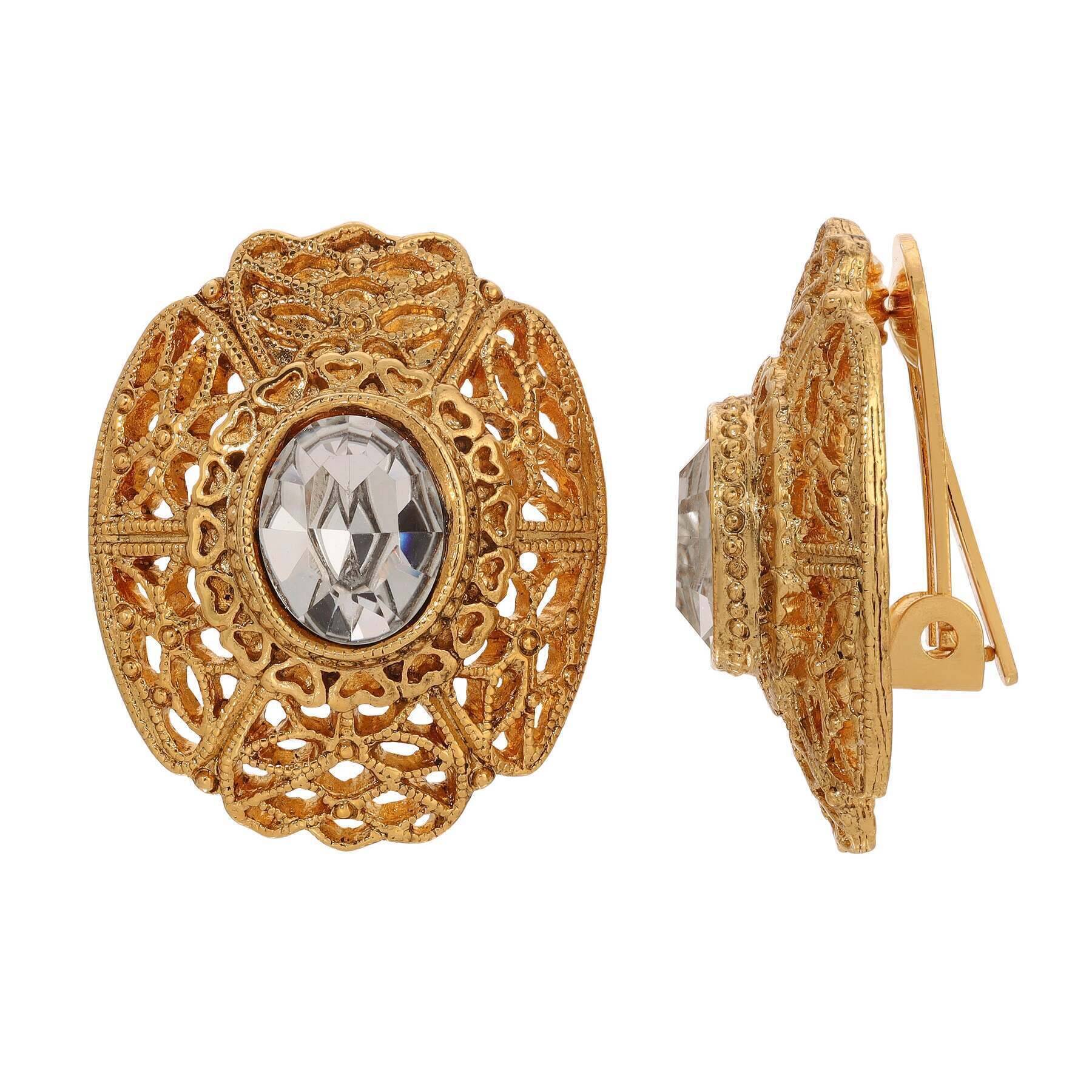 Vintage 1928 Ornate Oval Crystal Clip-On Earrings for Women - Elegant Costume Jewelry for Parties, Weddings & Special Occasions