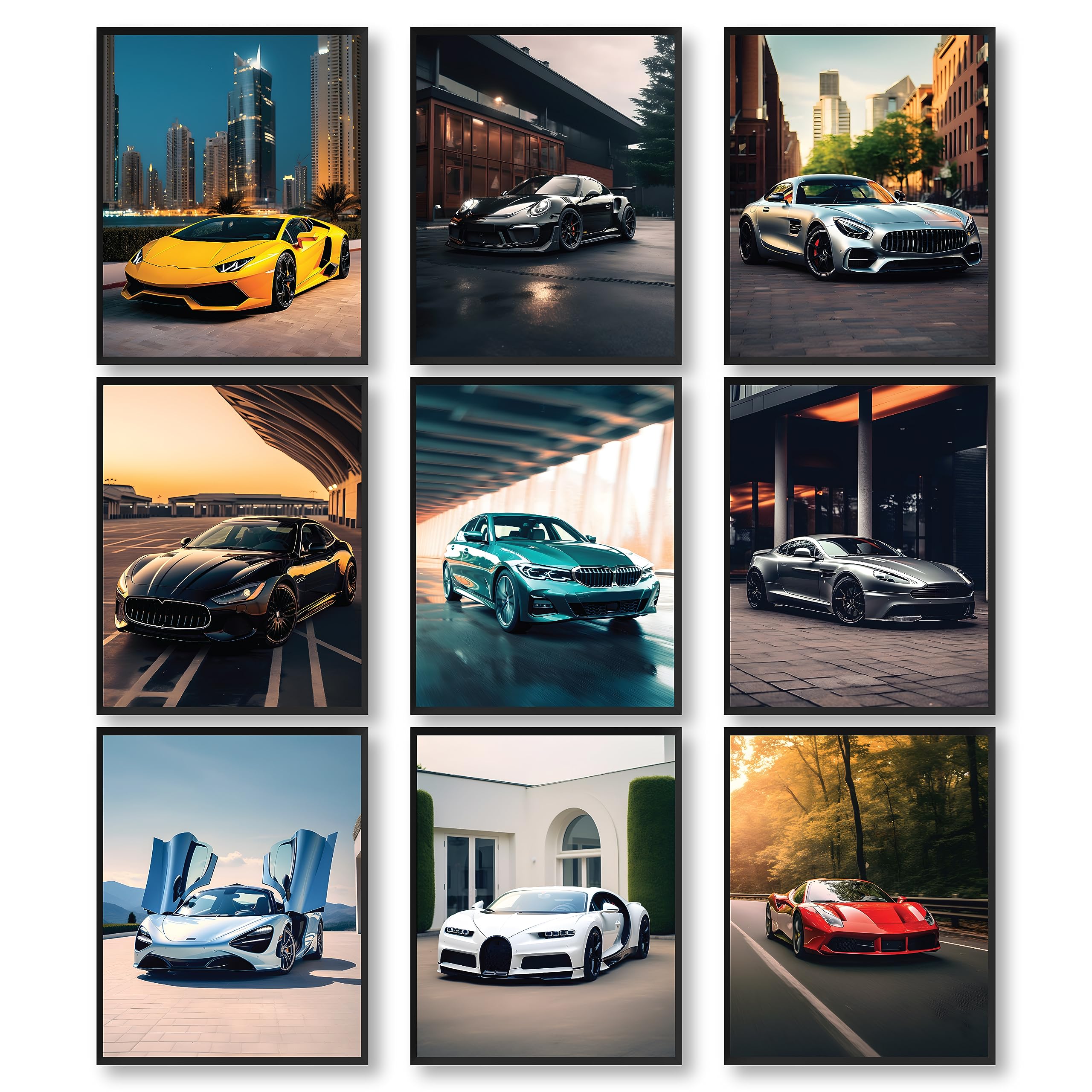 Modern Car Posters for Boys Room - 9pcs 8x10 Race Car Wall Art for Bedroom Decor