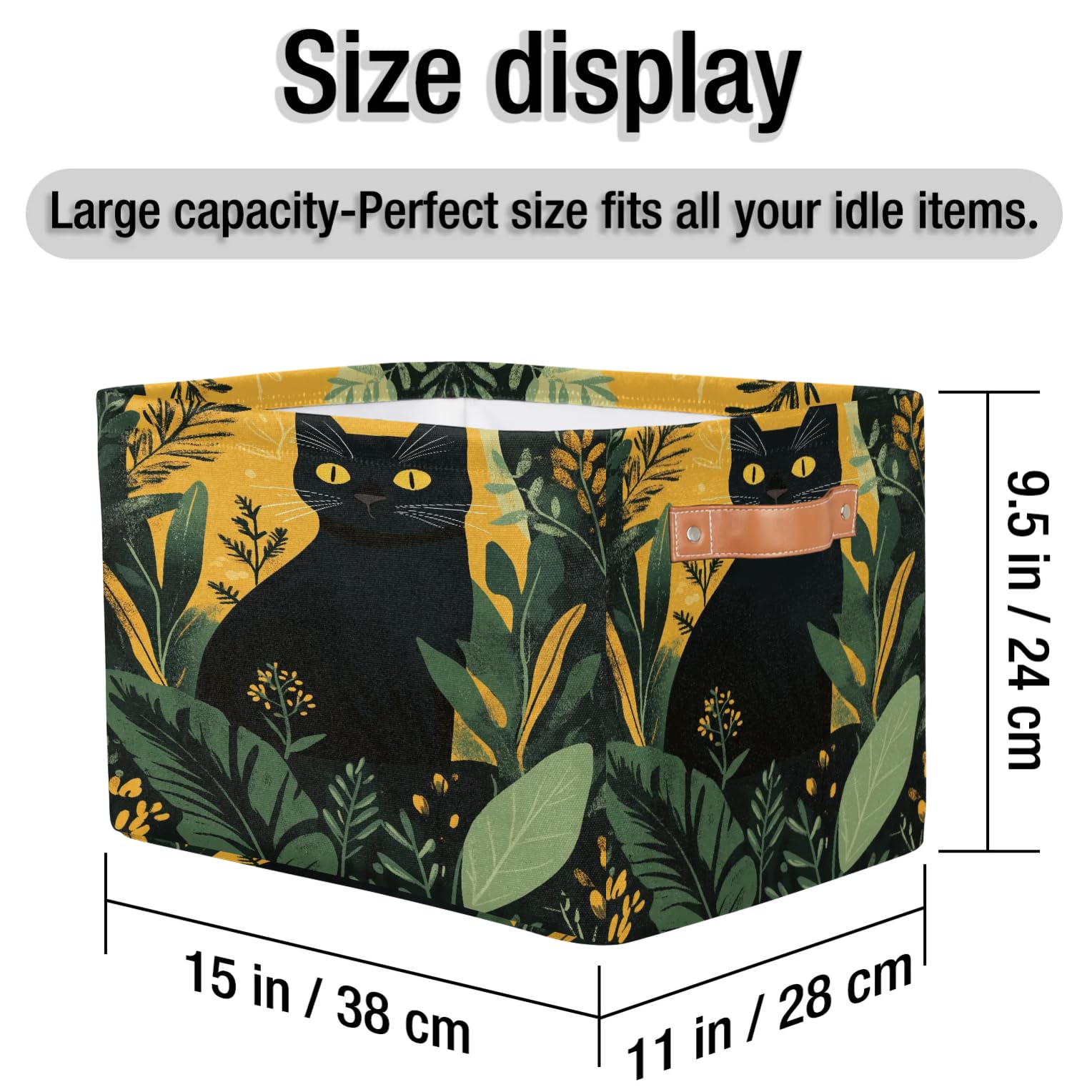 2 Pack Black Cat Storage Baskets with Green Leaves - Collapsible Fabric Closet Organizer Bins for Blankets, Toys & Clothes - Foldable Storage Boxes for Bedroom, Living Room & Nursery Organization