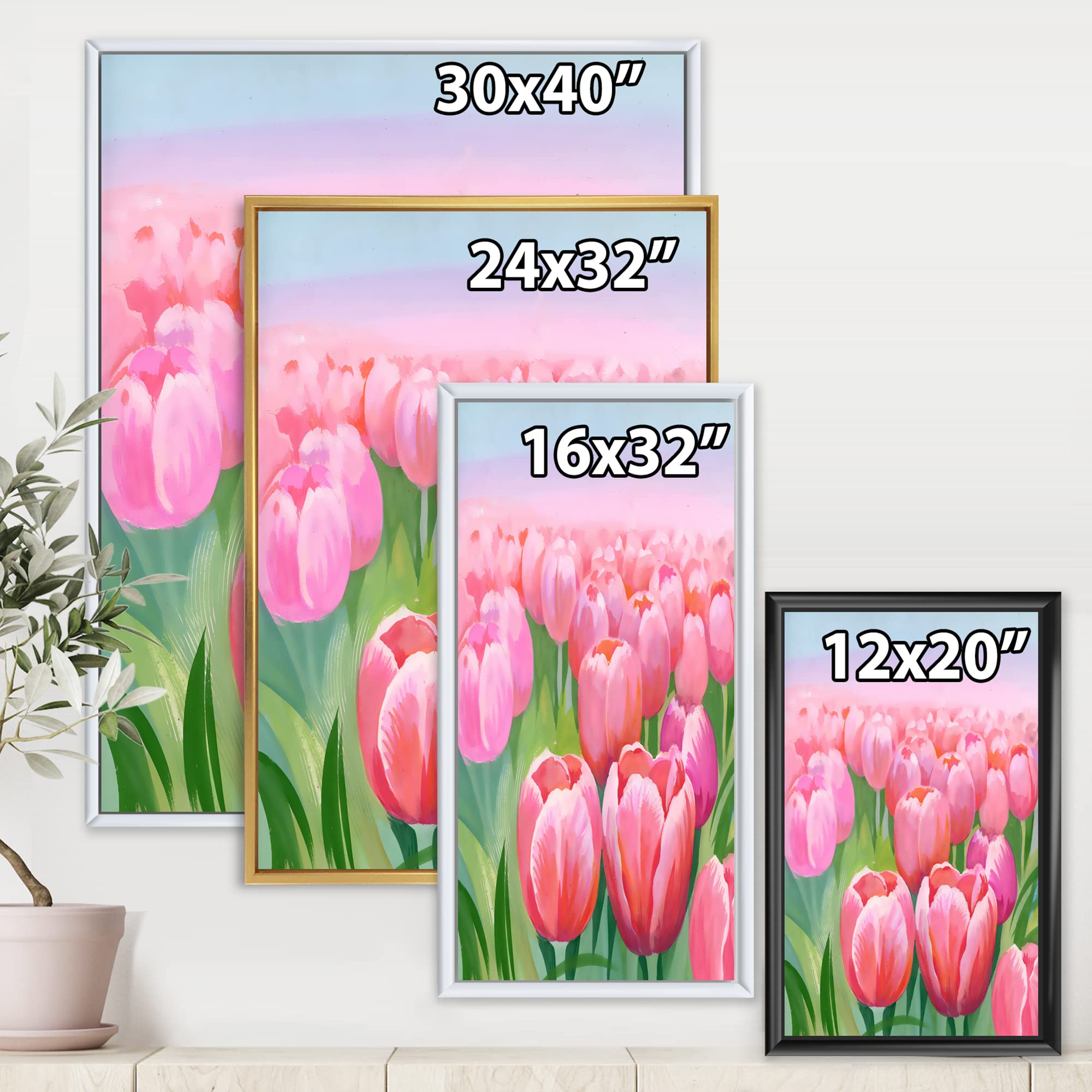 Field of Pink Tulips Framed Canvas Wall Art - Traditional Floral Painting for Living Room, Bedroom & Office Decor