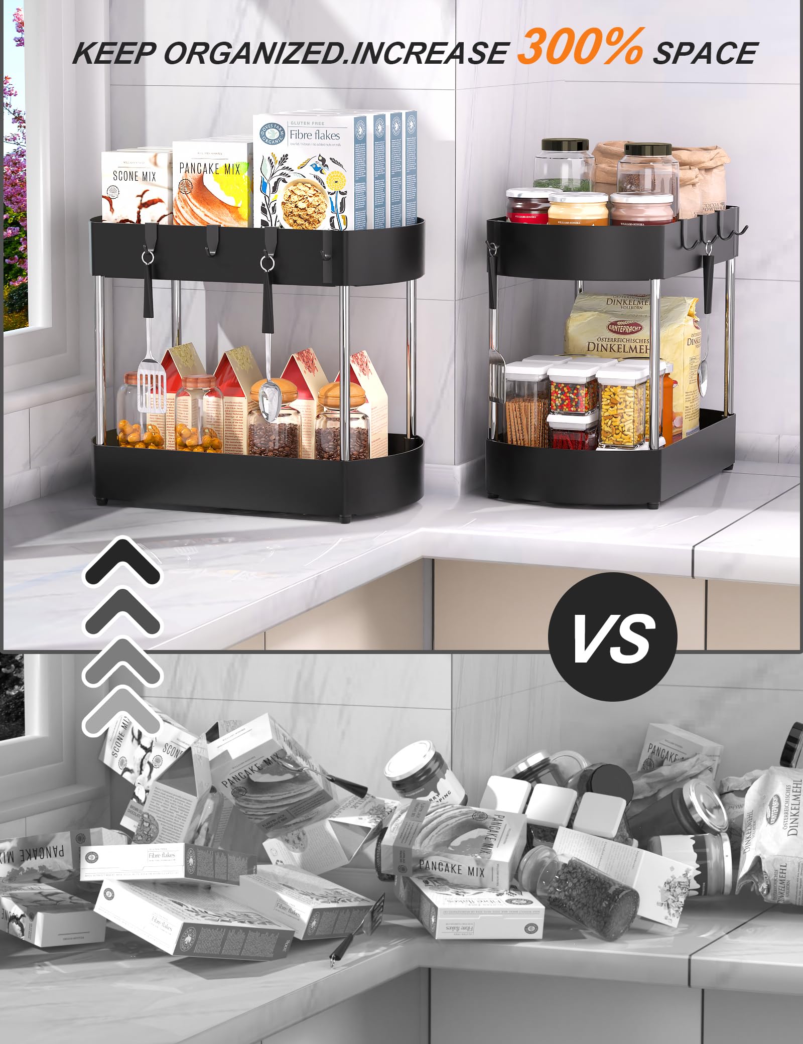 2 Pack Under Sink Organizers - Heavy Duty Kitchen & Bathroom Cabinet Storage Shelf with Enhanced Anti-Corrosion Design, Space Saving Black Organizer for Cleaning Supplies, Pots & Pans (Perfect for Small Spaces Under Sink)