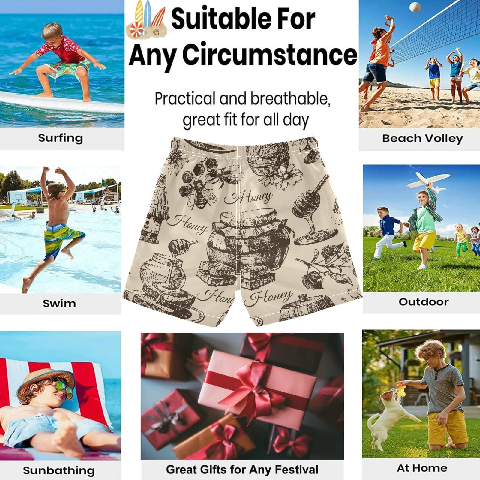 Visesunny Honey Retro Pattern Swim Trunks for Boys - Toddler Bathing Suits & Kids Swimwear | Perfect for Beach, Pool, and Summer Water Activities