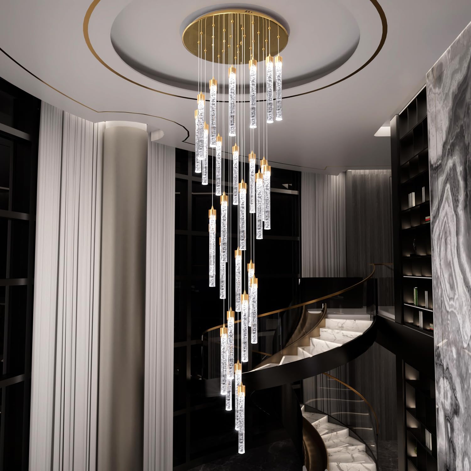 25-Light Modern Crystal Chandelier for High Ceiling - Elegant Flush Mount Pendant Light with Crystal Drops for Living Room, Foyer, Hallway & Staircase - Perfect for Dining Areas, Entryways and Grand Spaces