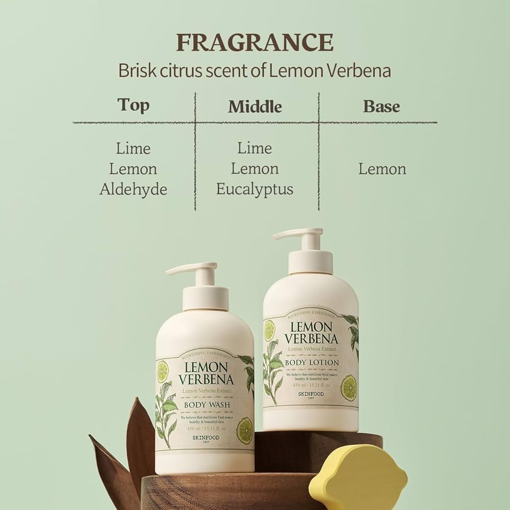 SKINFOOD Lemon Verbena Body Wash 450g (15.2 fl.oz) - Moisturizing Shower Gel with Citrus Scent for Men & Women - Soft Rich Foam Cleanser with Lemon Verbena Extract - Leaves Skin Fresh & Hydrated | Perfect for Daily Shower, Spa Day & Gift Sets