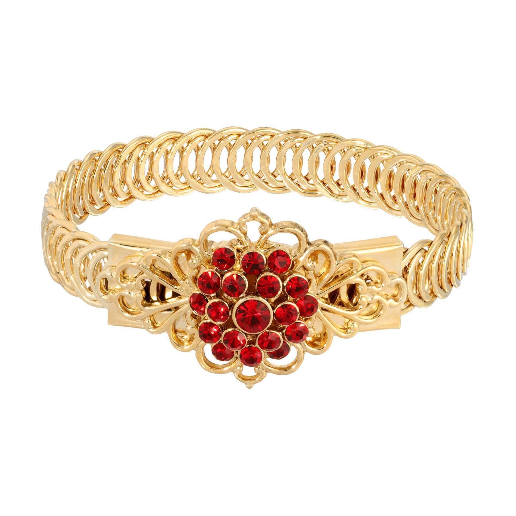 1928 Jewelry Gold Dipped Crystal Flower Overlay Belt Bracelet for Women - Vintage Style Adjustable Chain Bracelet - Perfect for Weddings, Parties & Special Occasions