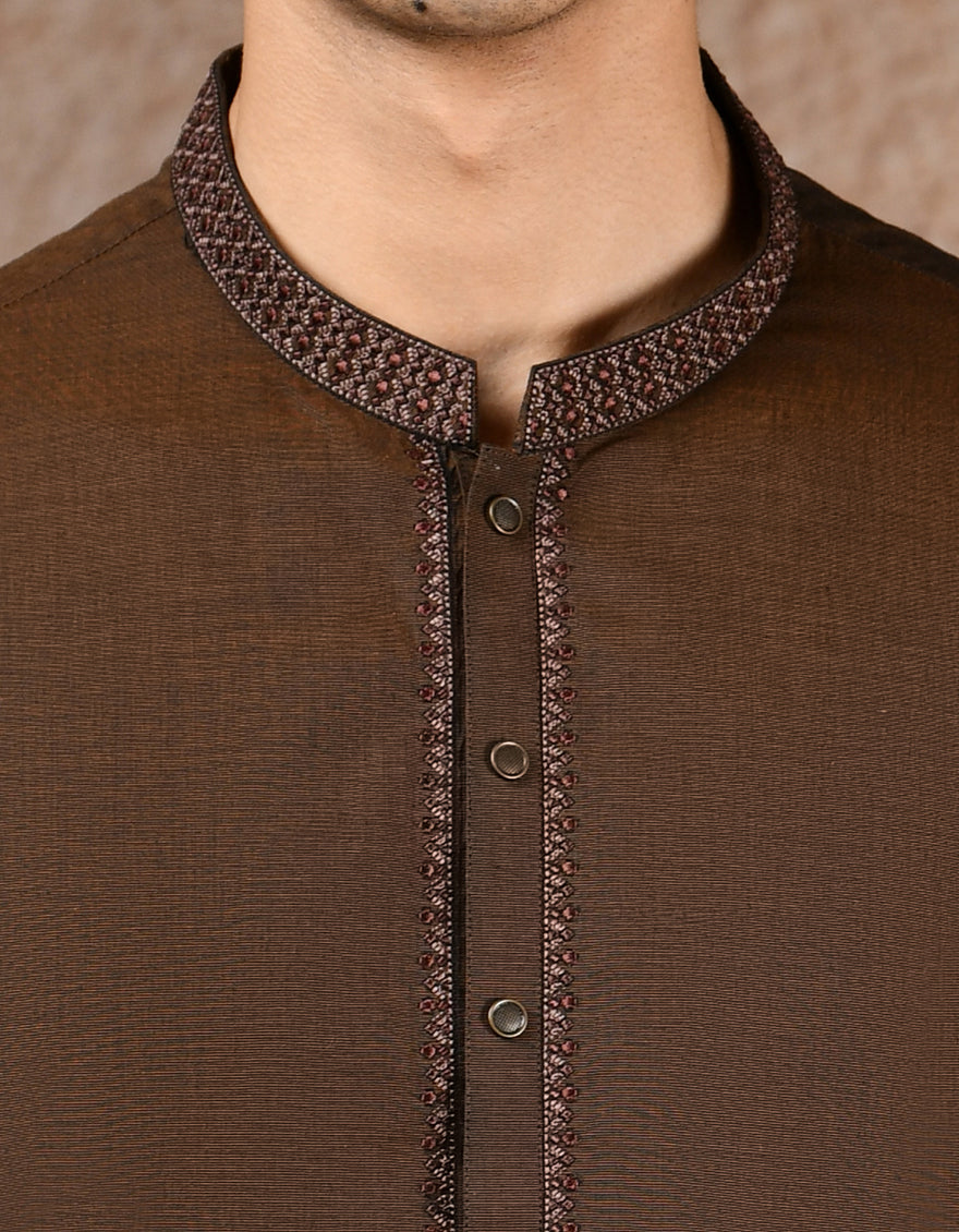 Premium Cotton Brown Shalwar Kameez by J. Junaid Jamshed - Traditional Pakistani Outfit for Men, Eid & Wedding Party Wear