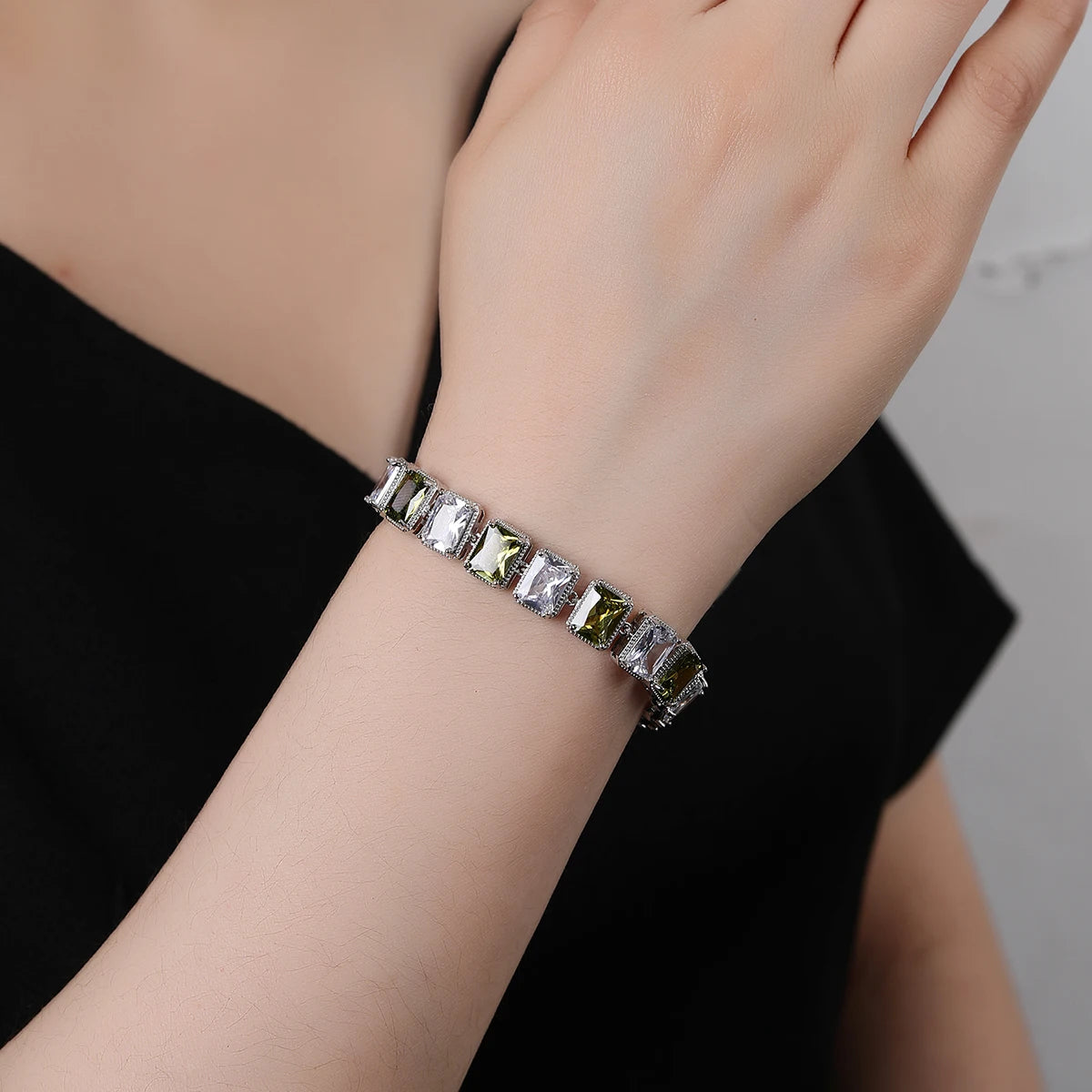 Elegant Silver Plated Square Cubic Zirconia Bracelet for Women - Red, Yellow, Green Colors - Perfect for Parties, Weddings & Special Occasions