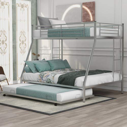 Twin Over Full Bunk Bed with Sturdy Steel Frame & Twin Trundle – 2-Side Ladders, Silver | Space-Saving Kids & Guest Bedroom Solution for Small Homes & Dorms