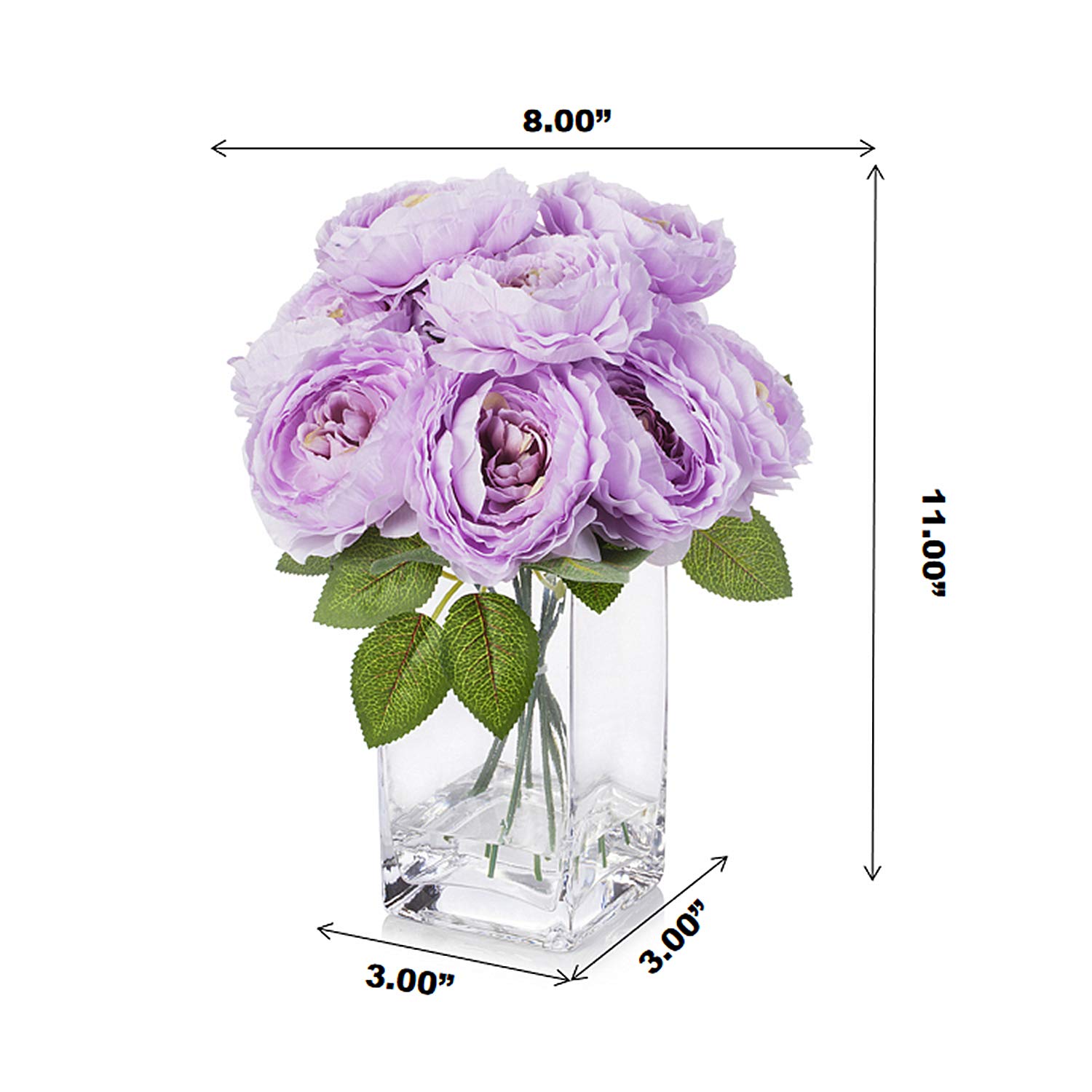 ENOVA HOME Artificial Silk Peony Flowers Arrangement in Clear Glass Vase - Purple Faux Peony Bouquet for Wedding Centerpiece, Home Decor, Table Decorations & Party Decorative Accents