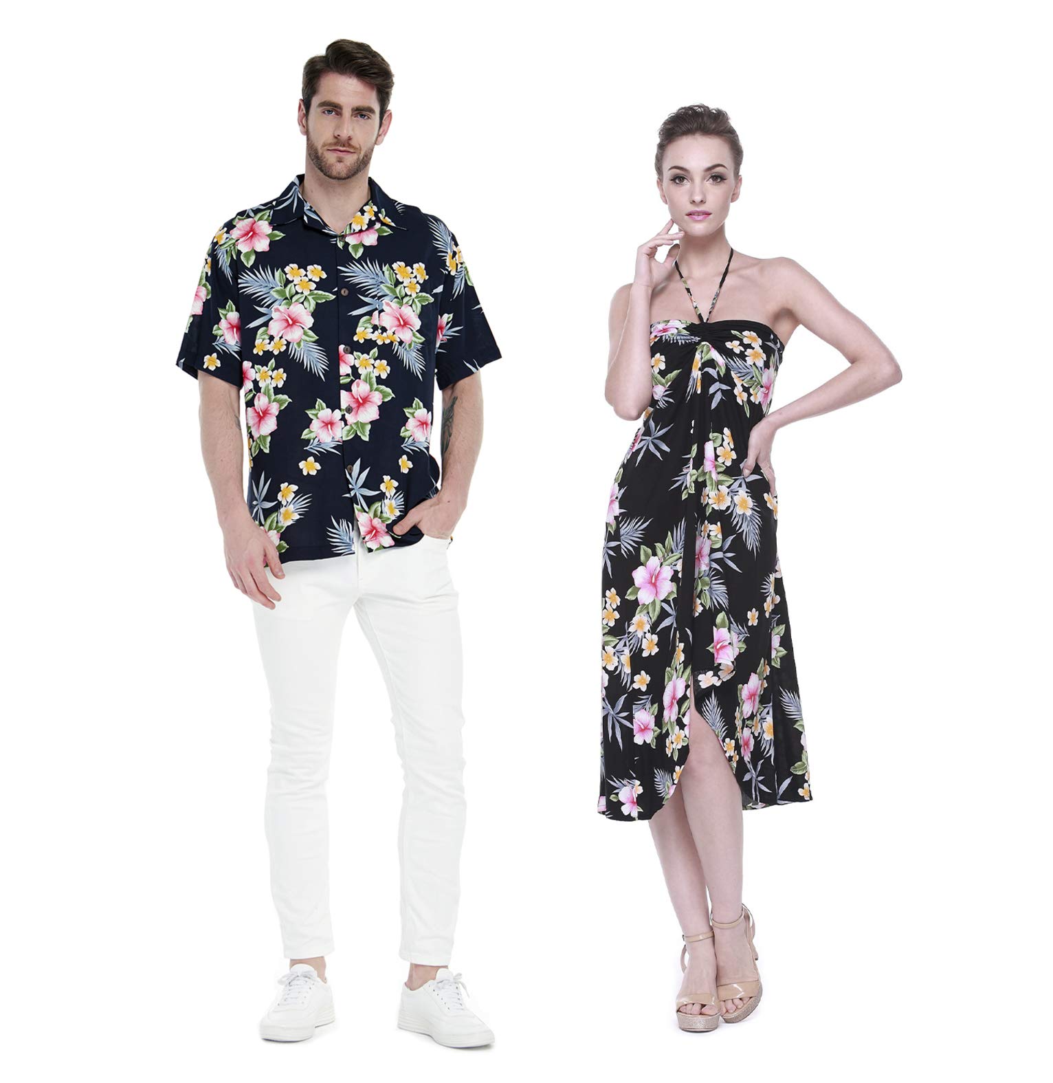 **Matching Hawaiian Luau Cruise Couple Outfits - Hibiscus Blue Shirt & Dress Set for Tropical Party, Vacation, and Beach Date Night**
